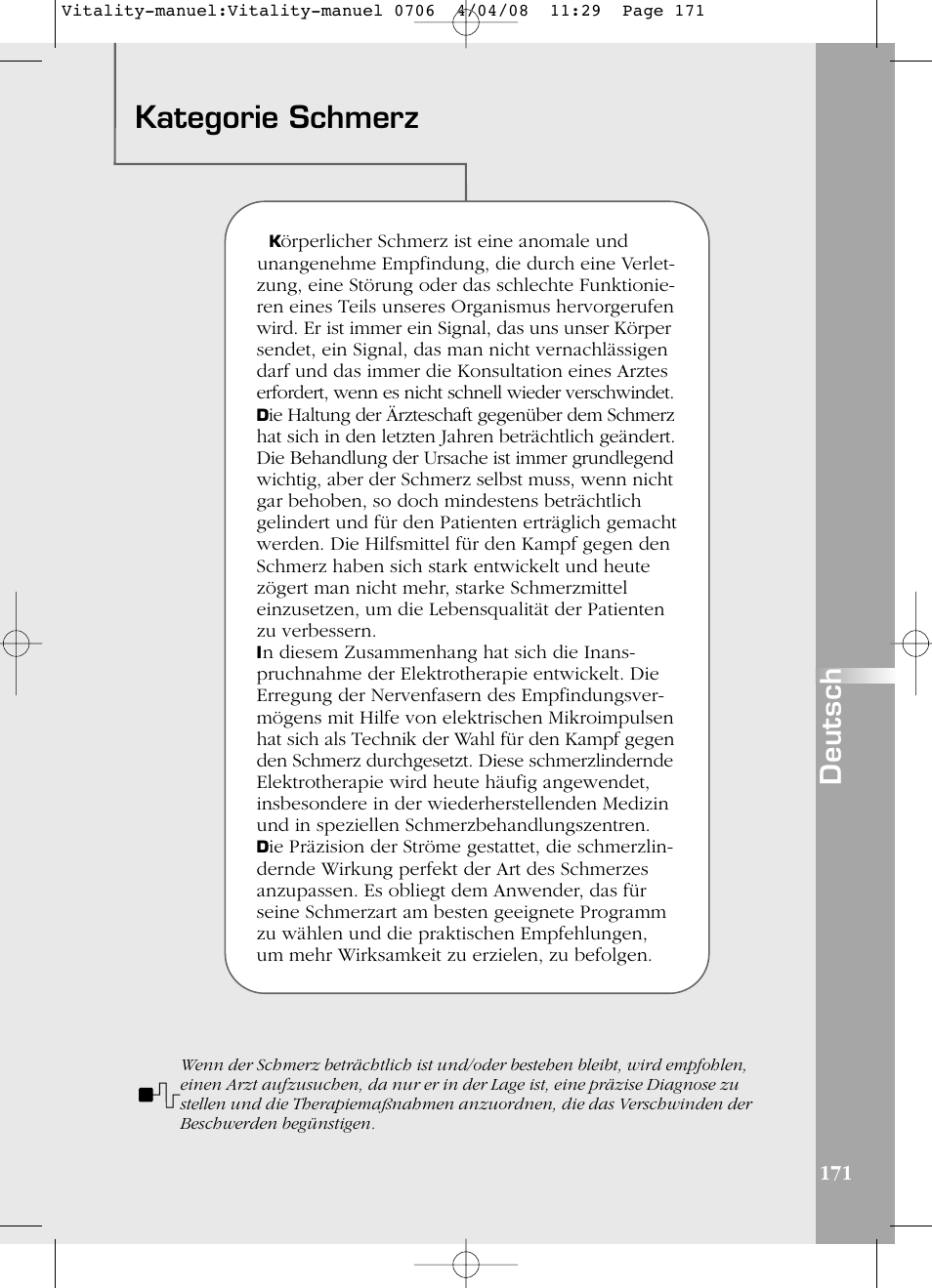 Kategorie schmerz, Deutsch | Compex Vitality User Manual | Page 171 / 308