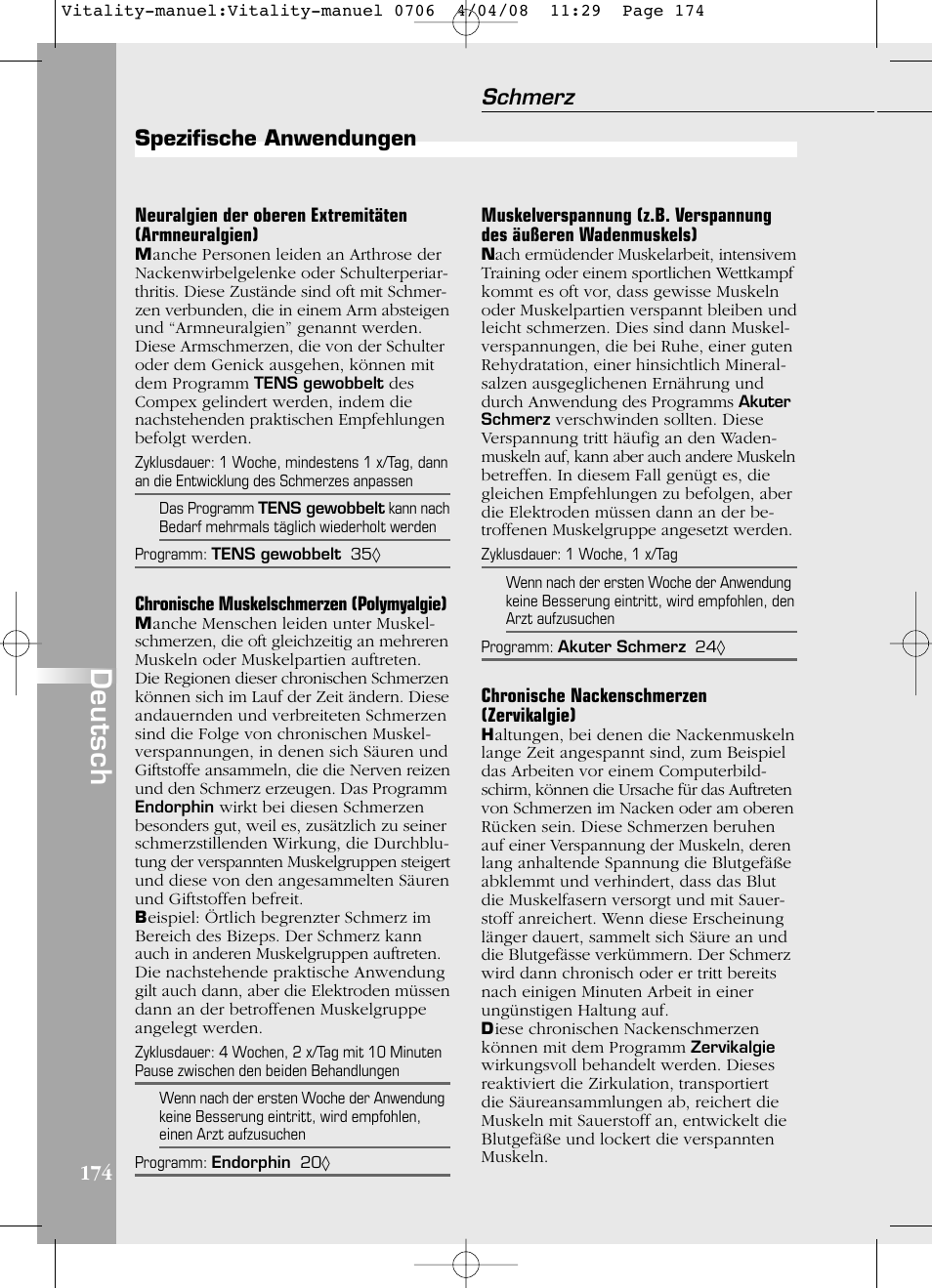 Deutsch, Spezifische anwendungen, Schmerz | Compex Vitality User Manual | Page 174 / 308