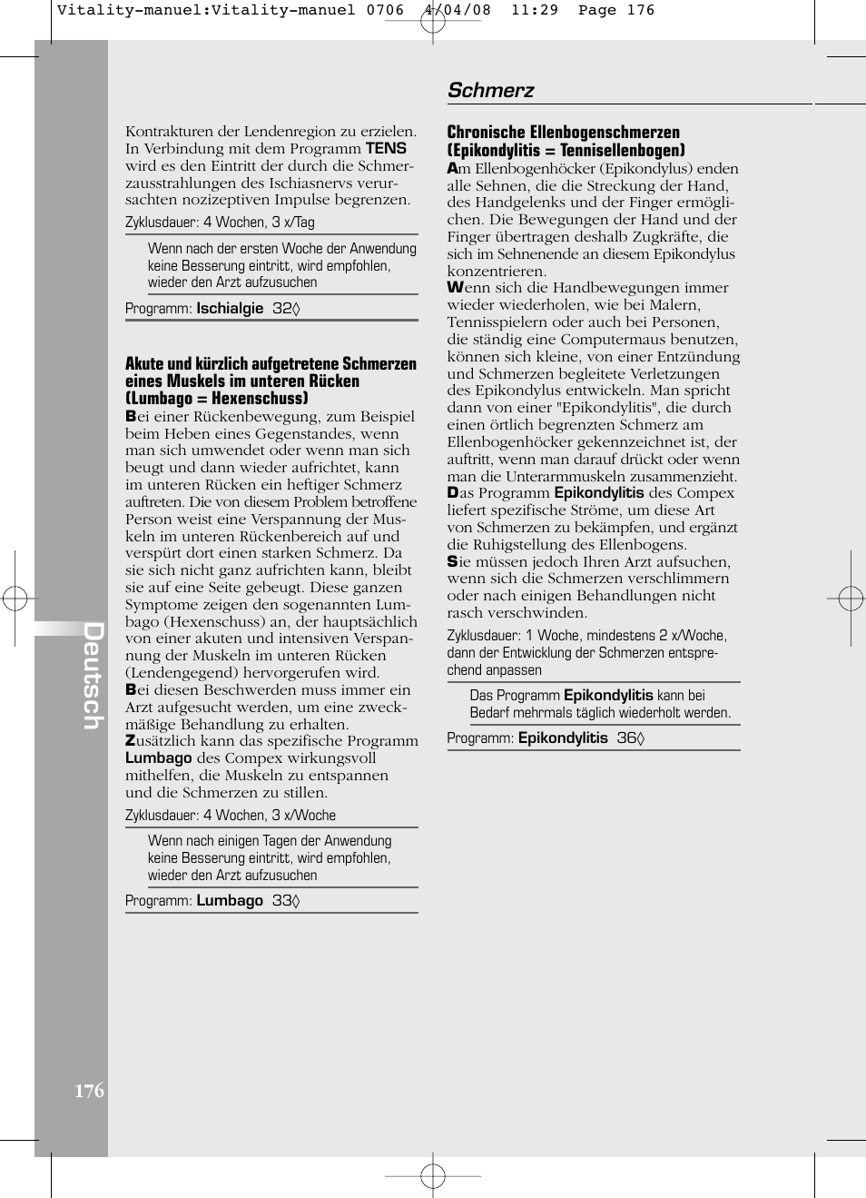 Deutsch, Schmerz | Compex Vitality User Manual | Page 176 / 308