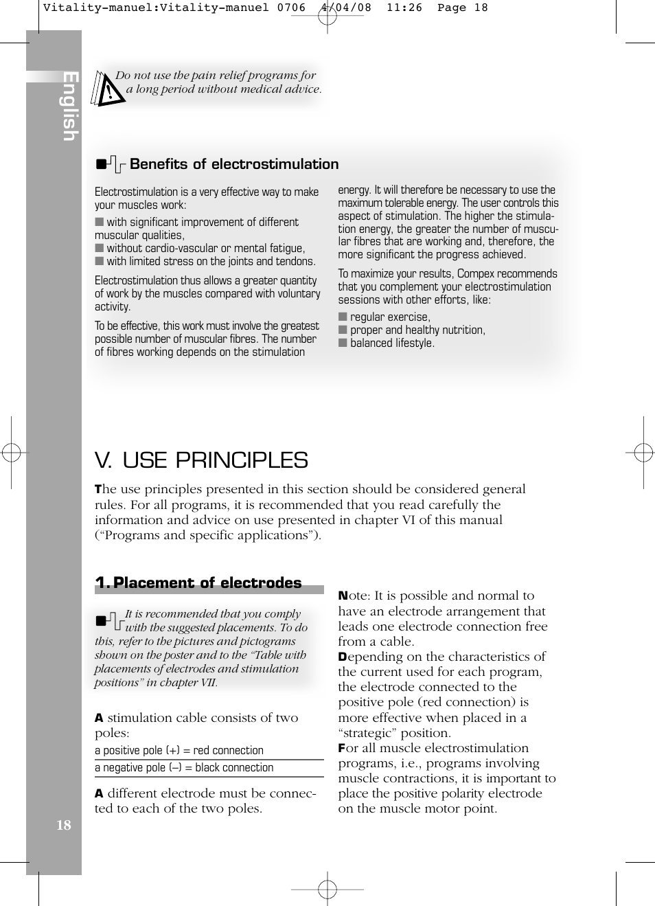 V. use principles, English, 18 1. placement of electrodes | Compex Vitality User Manual | Page 18 / 308