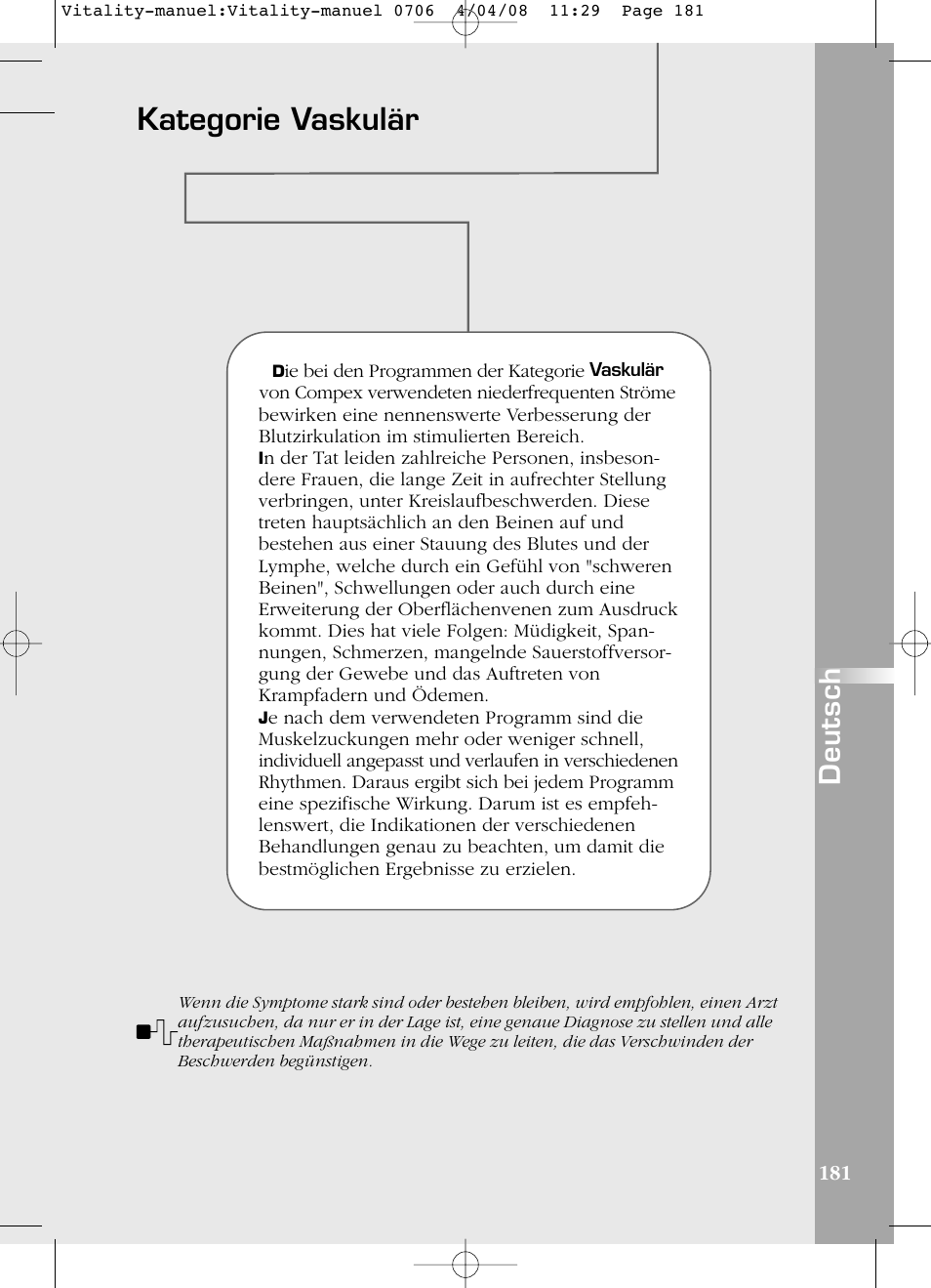 Kategorie vaskulär, Deutsch | Compex Vitality User Manual | Page 181 / 308