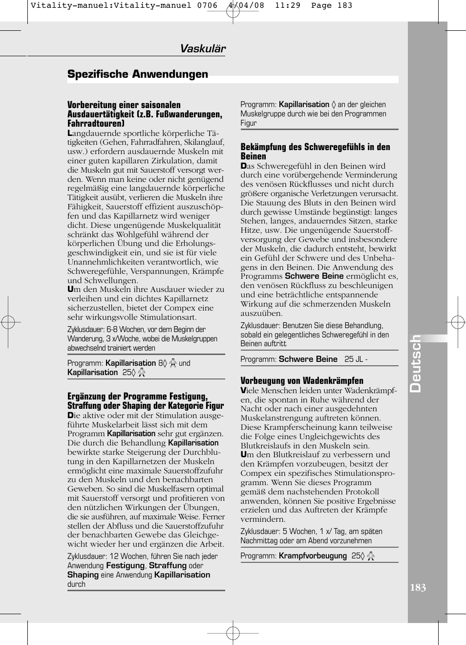 Deutsch, Spezifische anwendungen vaskulär | Compex Vitality User Manual | Page 183 / 308