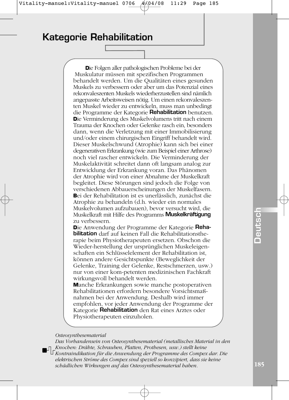 Kategorie rehabilitation, Deutsch | Compex Vitality User Manual | Page 185 / 308