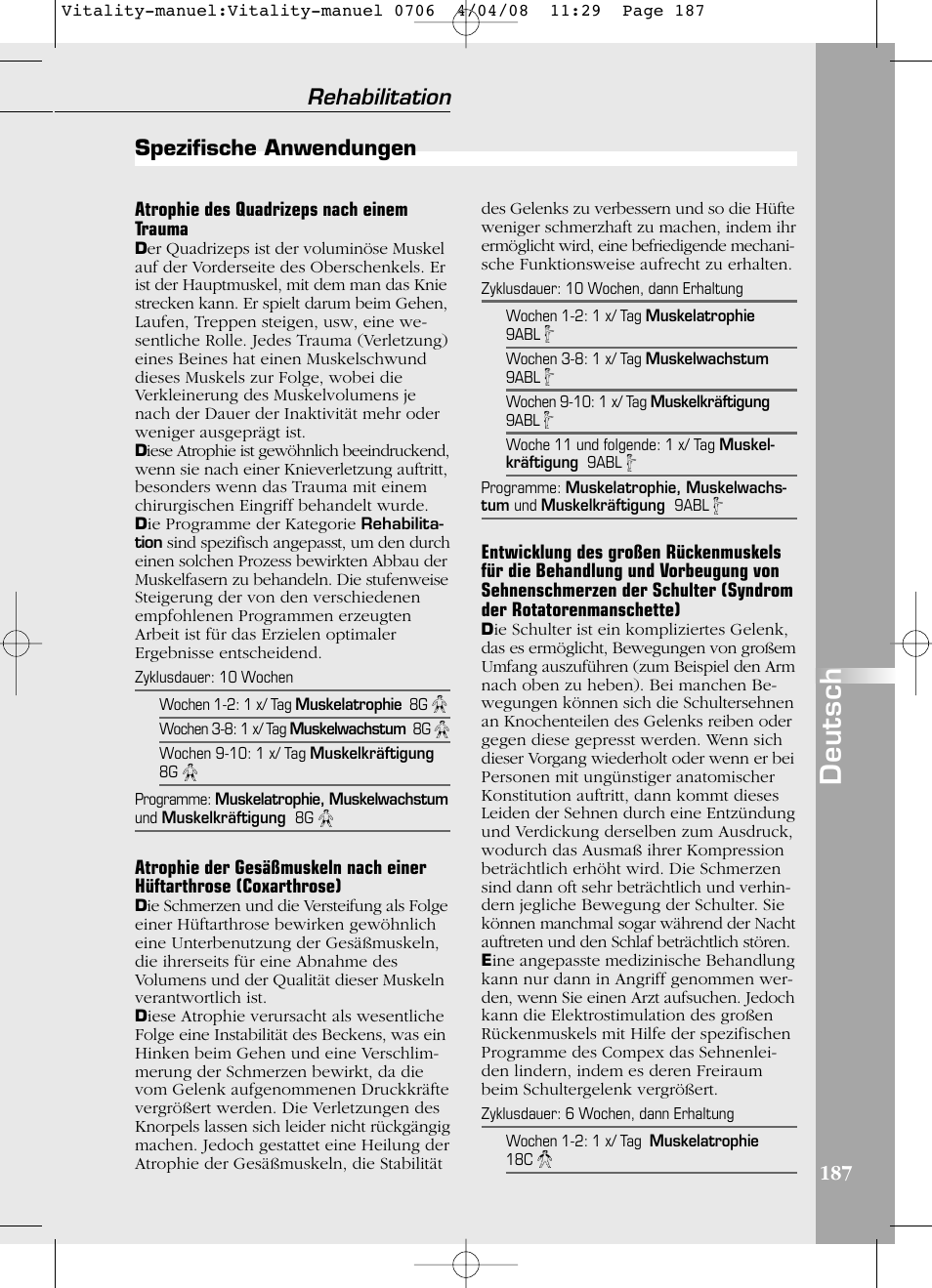 Deutsch, Rehabilitation, Spezifische anwendungen | Compex Vitality User Manual | Page 187 / 308