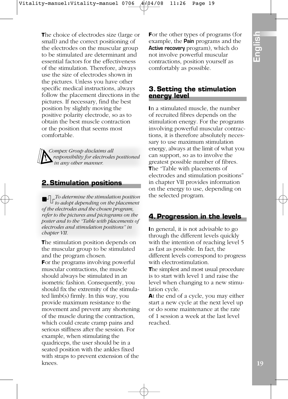 English, Stimulation positions, Setting the stimulation energy level | Progression in the levels | Compex Vitality User Manual | Page 19 / 308