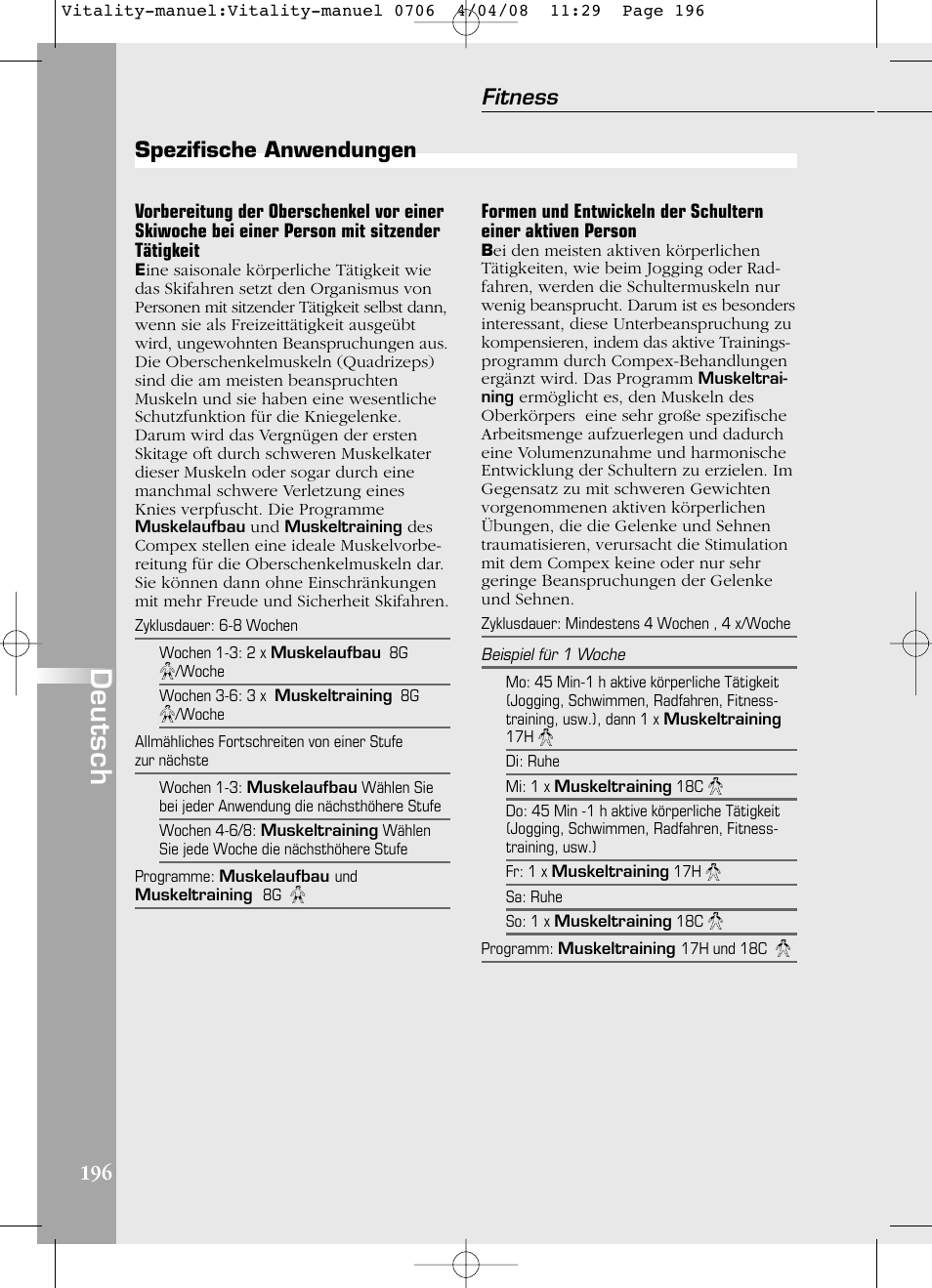 Deutsch, Fitness, Spezifische anwendungen | Compex Vitality User Manual | Page 196 / 308