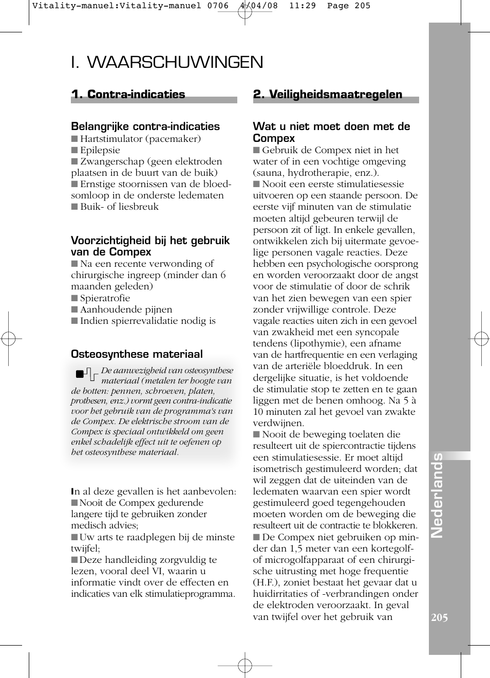 I. waarschuwingen, Nederlands | Compex Vitality User Manual | Page 205 / 308