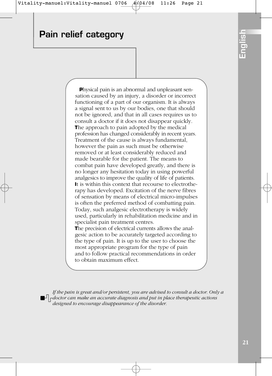 Pain relief category, English | Compex Vitality User Manual | Page 21 / 308