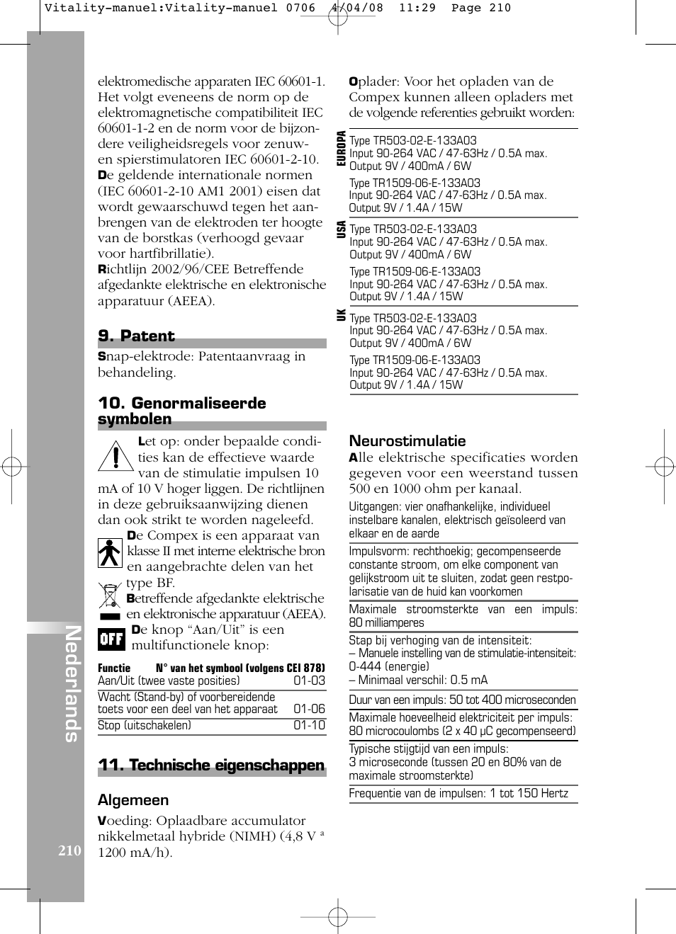 Nederlands, Patent, Genormaliseerde symbolen | Technische eigenschappen | Compex Vitality User Manual | Page 210 / 308