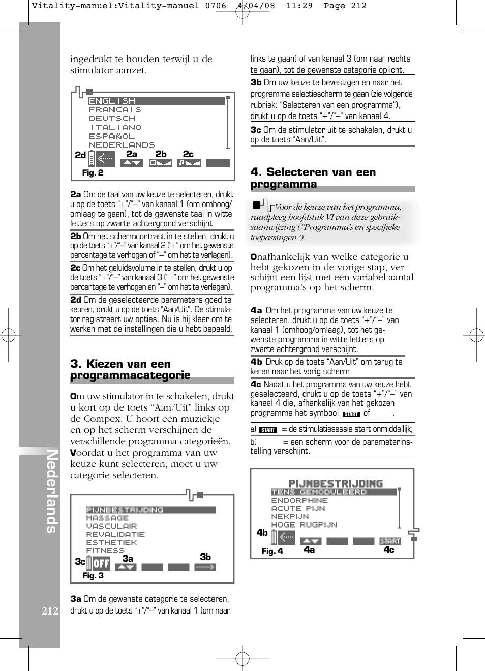 Nederlands, Selecteren van een programma, Kiezen van een programmacategorie | Compex Vitality User Manual | Page 212 / 308