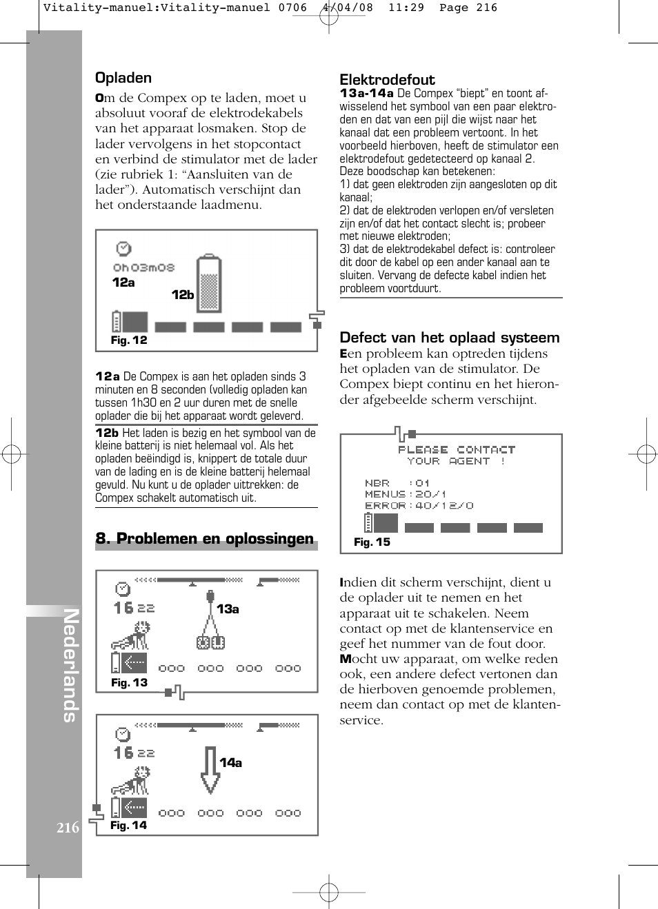 Nederlands, Problemen en oplossingen | Compex Vitality User Manual | Page 216 / 308