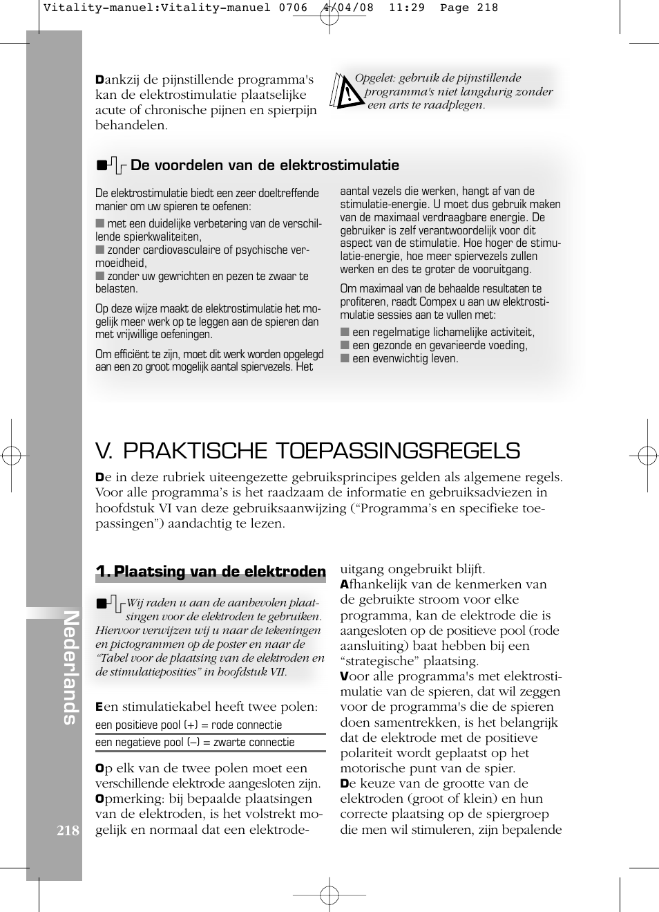 V. praktische toepassingsregels, Nederlands, Plaatsing van de elektroden | Compex Vitality User Manual | Page 218 / 308