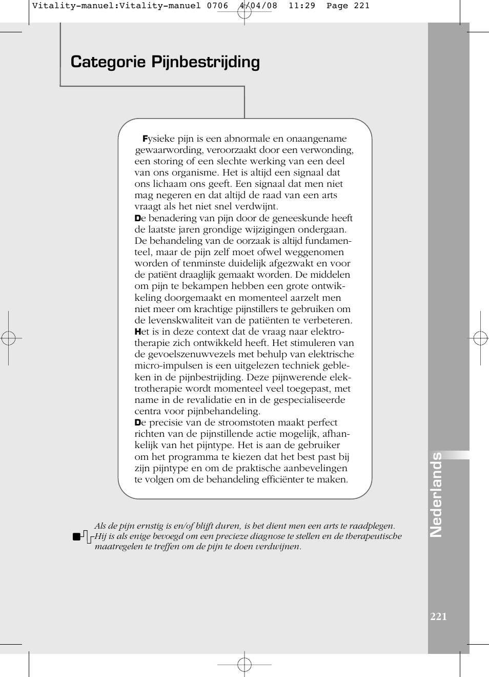 Categorie pijnbestrijding, Nederlands | Compex Vitality User Manual | Page 221 / 308