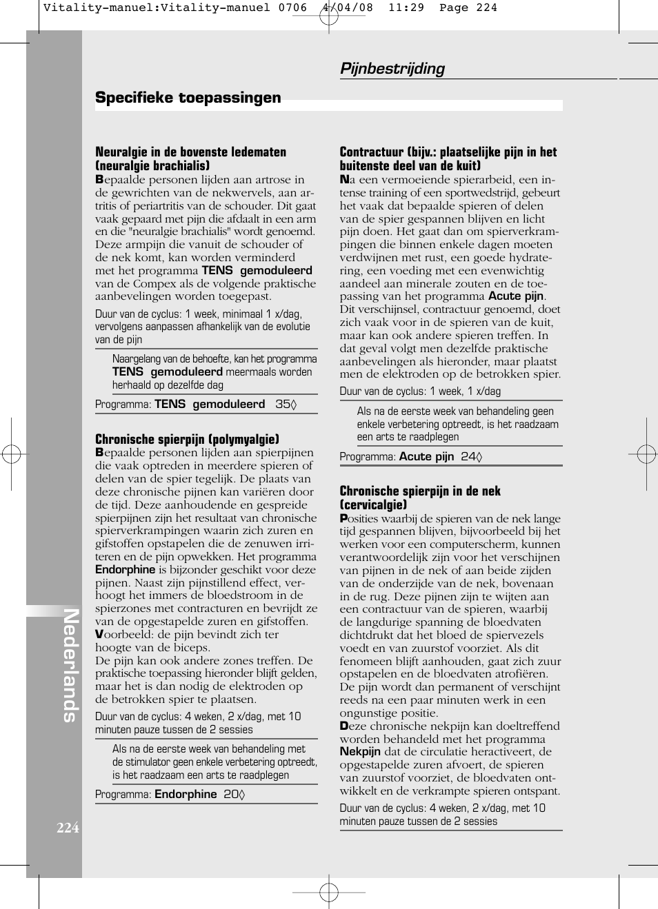Nederlands, Specifieke toepassingen, Pijnbestrijding | Compex Vitality User Manual | Page 224 / 308