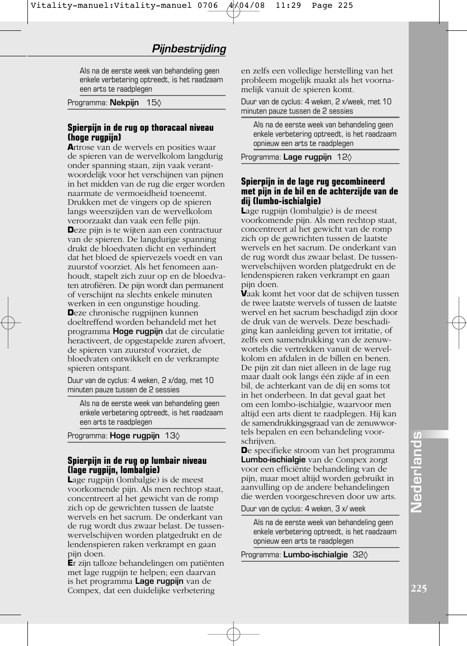 Nederlands, Pijnbestrijding | Compex Vitality User Manual | Page 225 / 308