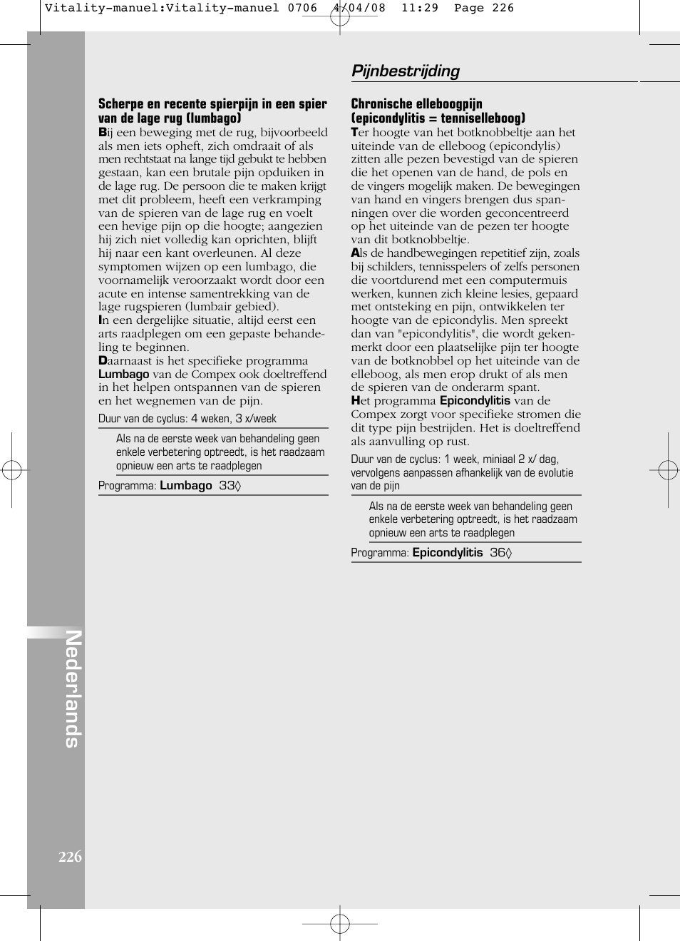 Nederlands, Pijnbestrijding | Compex Vitality User Manual | Page 226 / 308