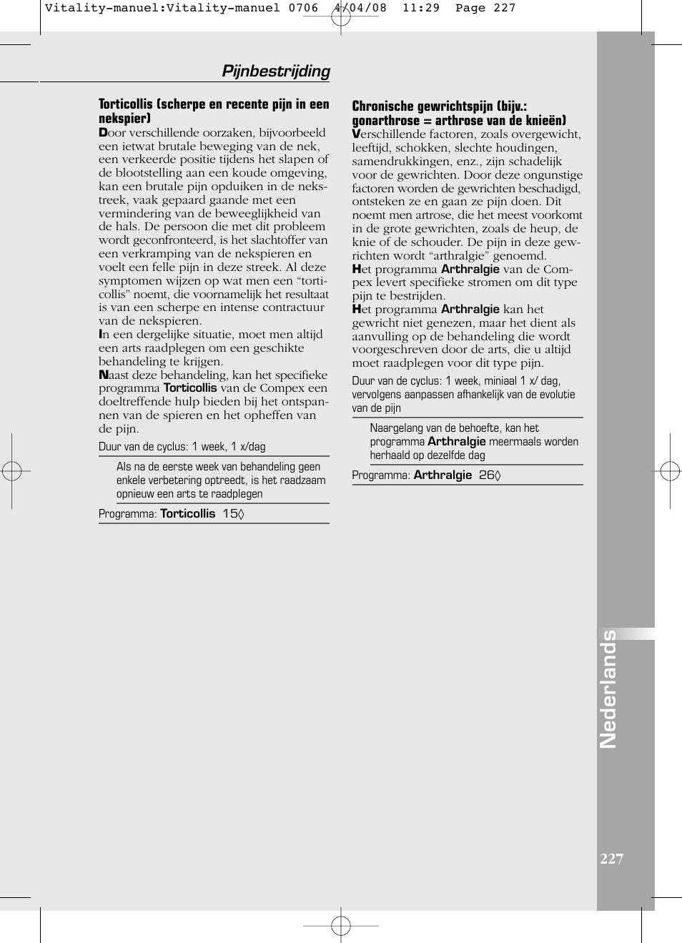 Nederlands, Pijnbestrijding | Compex Vitality User Manual | Page 227 / 308