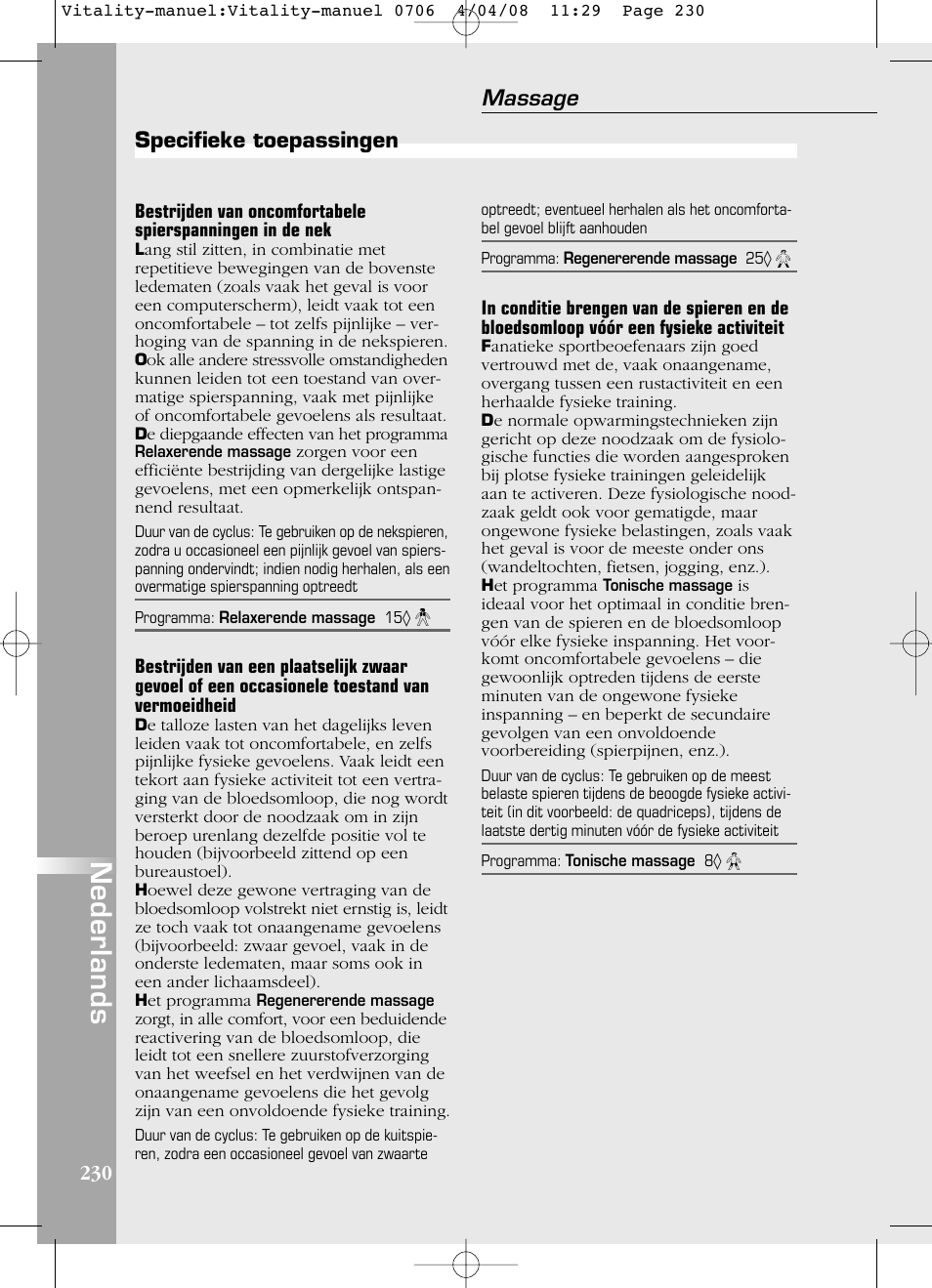 Nederlands, Massage, Specifieke toepassingen | Compex Vitality User Manual | Page 230 / 308