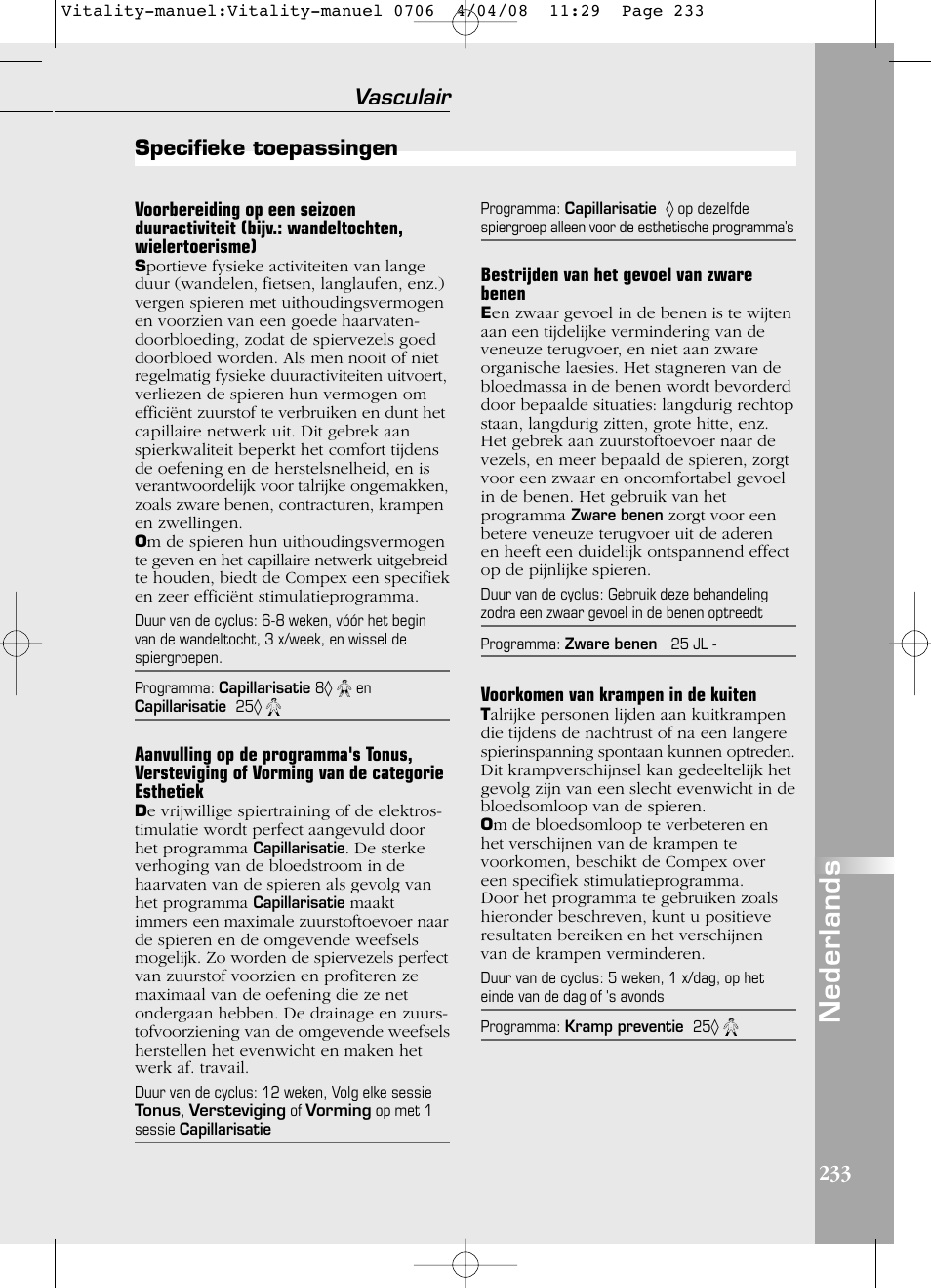 Nederlands, Specifieke toepassingen vasculair | Compex Vitality User Manual | Page 233 / 308
