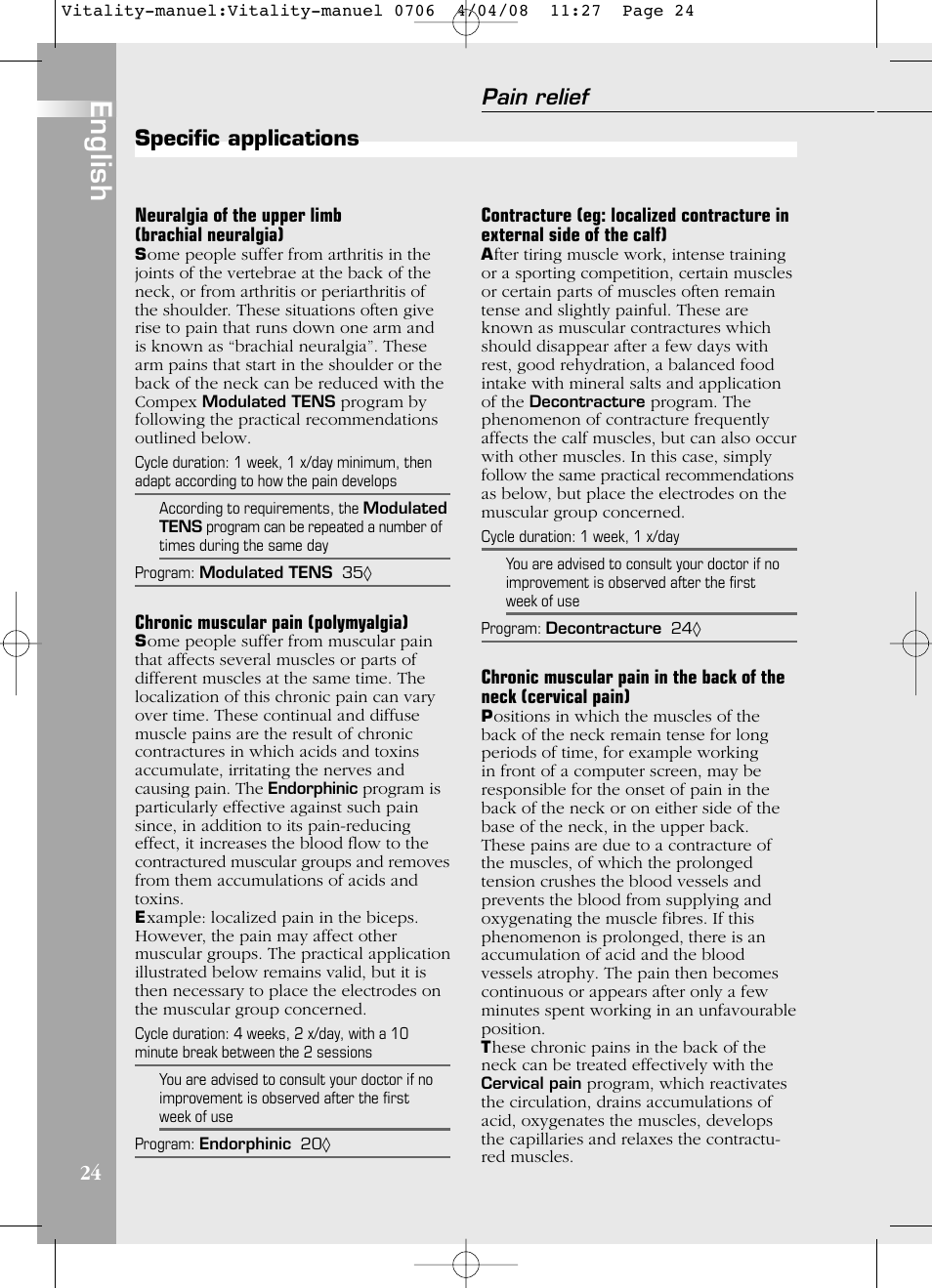 English, 24 specific applications, Pain relief | Compex Vitality User Manual | Page 24 / 308