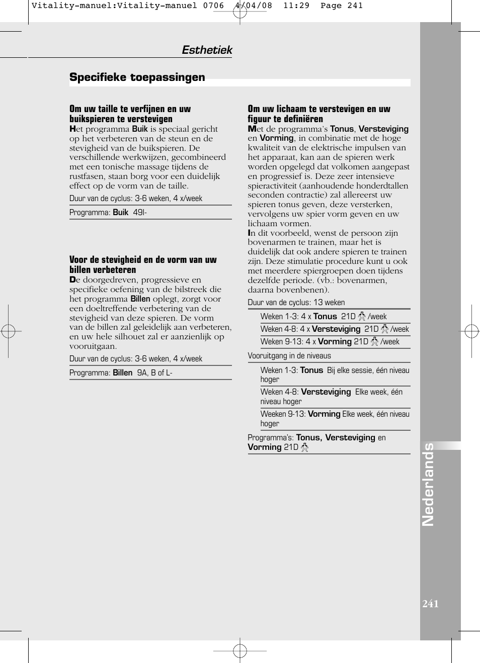 Nederlands, Esthetiek, Specifieke toepassingen | Compex Vitality User Manual | Page 241 / 308