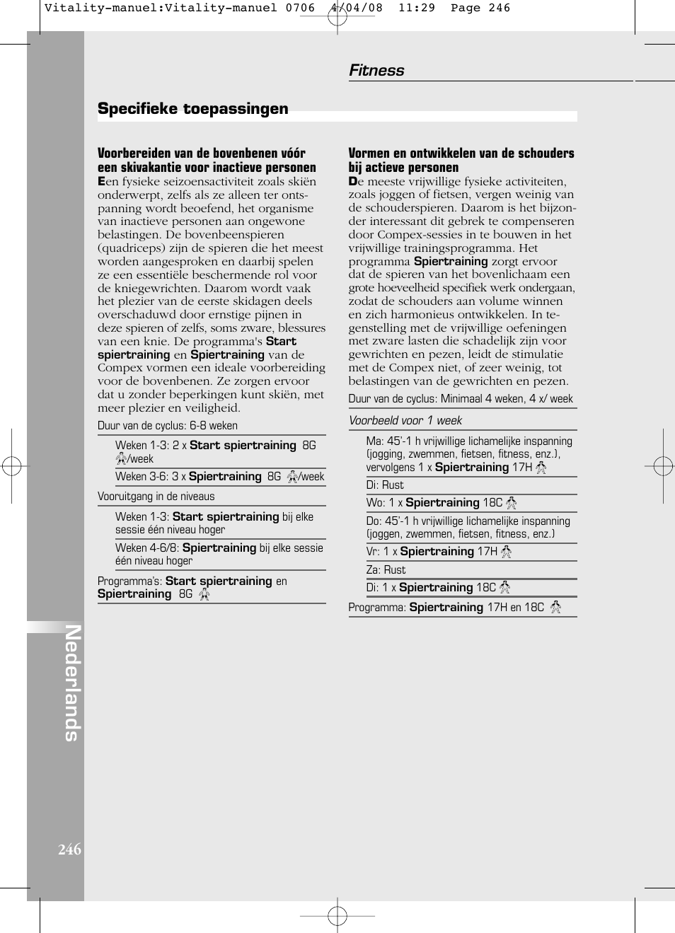 Nederlands, Fitness, Specifieke toepassingen | Compex Vitality User Manual | Page 246 / 308