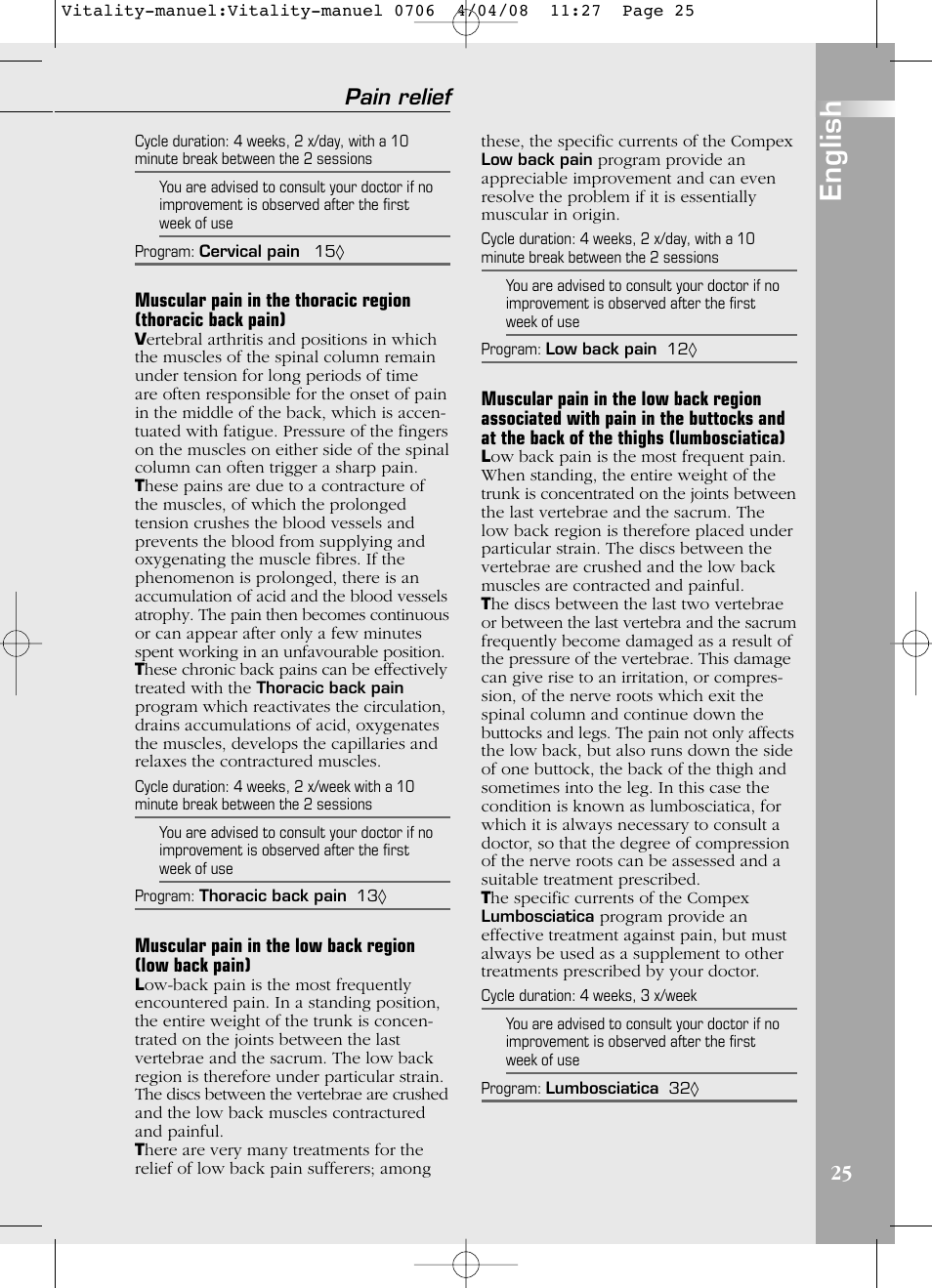 English, Pain relief | Compex Vitality User Manual | Page 25 / 308