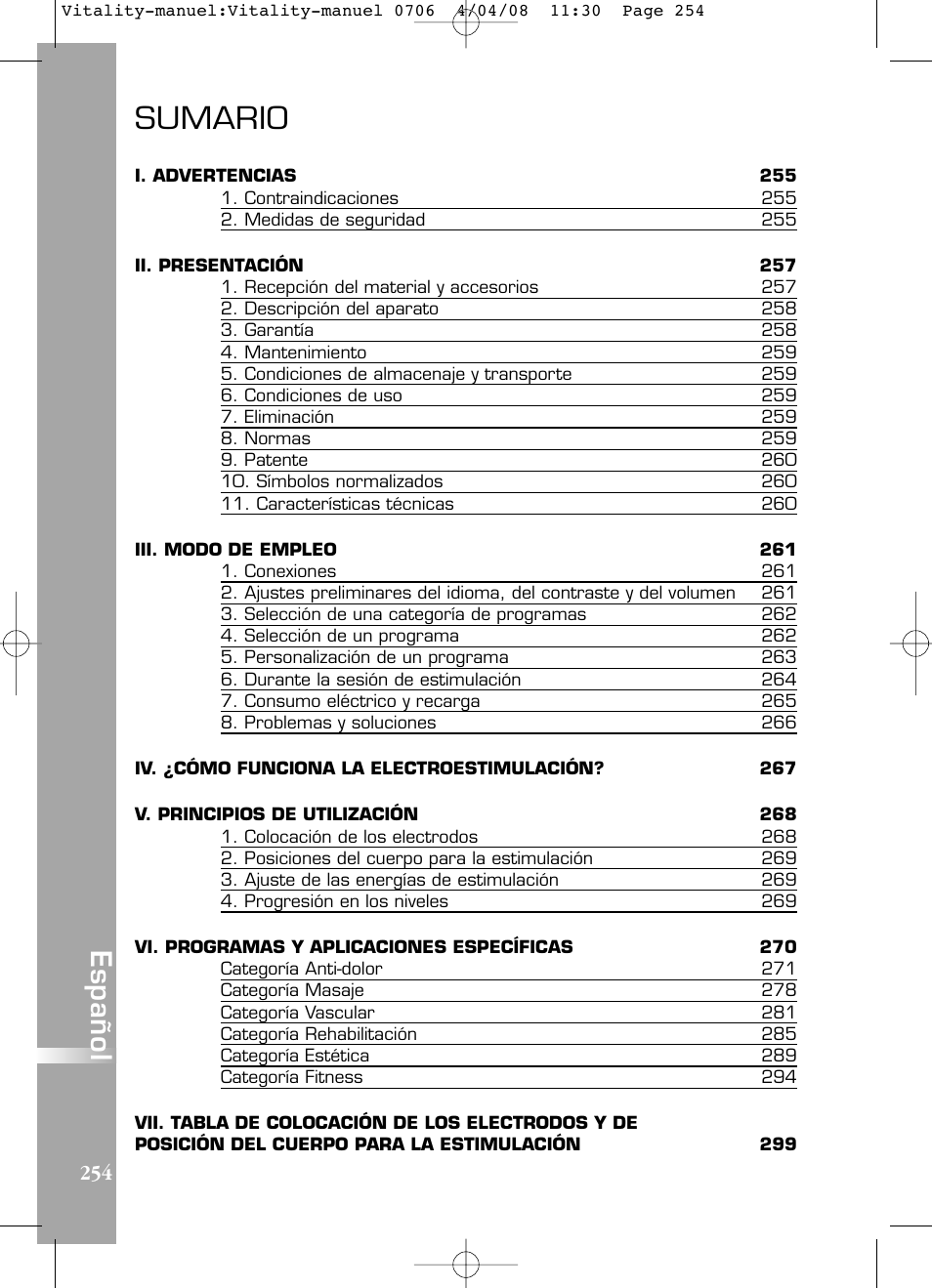 Sumario, Español | Compex Vitality User Manual | Page 254 / 308