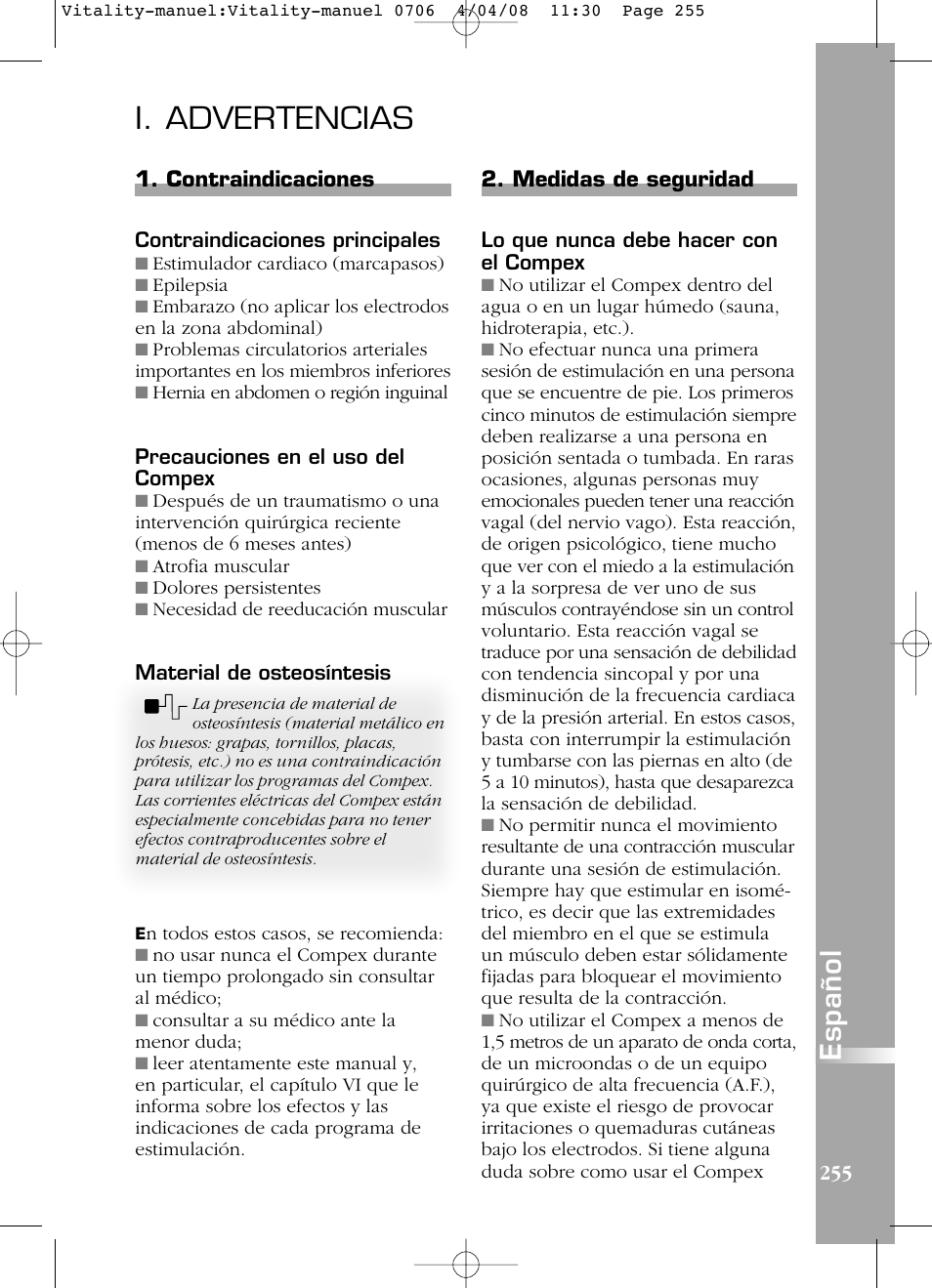 I. advertencias, Español | Compex Vitality User Manual | Page 255 / 308