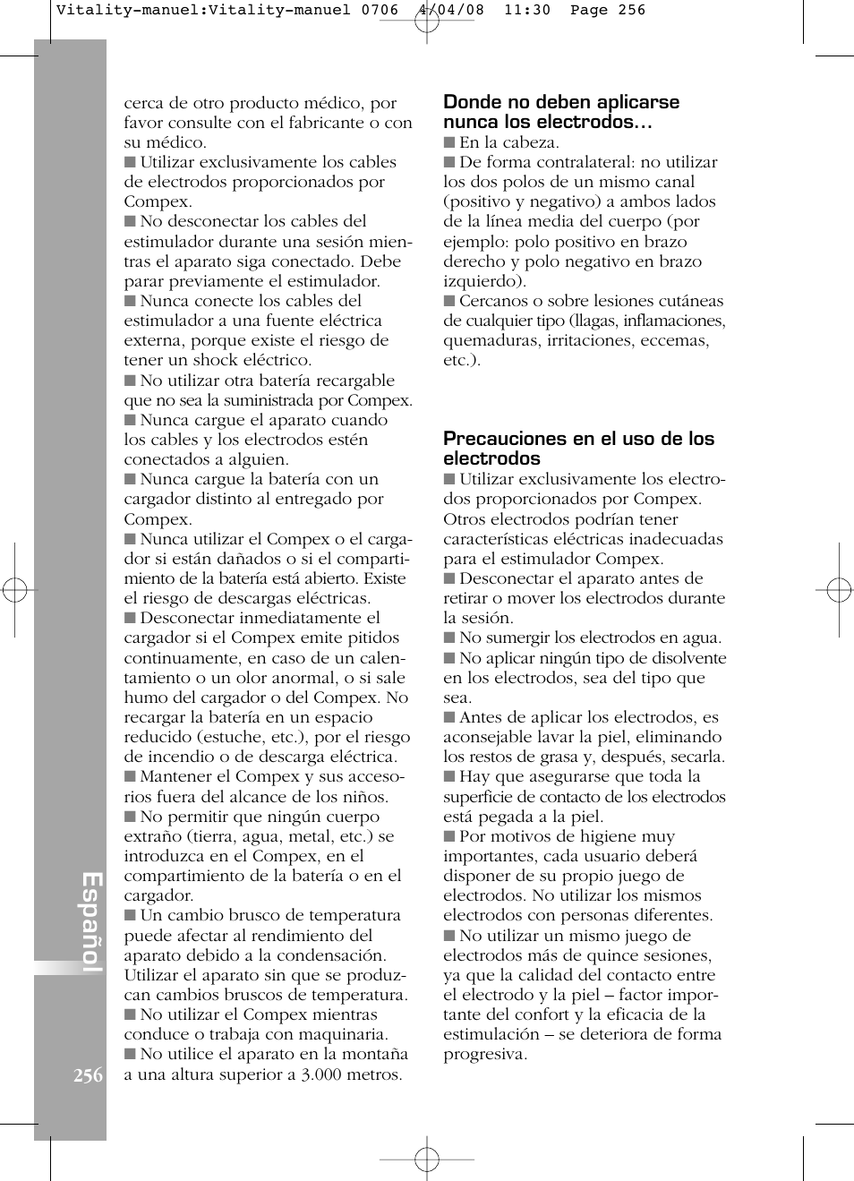 Español | Compex Vitality User Manual | Page 256 / 308