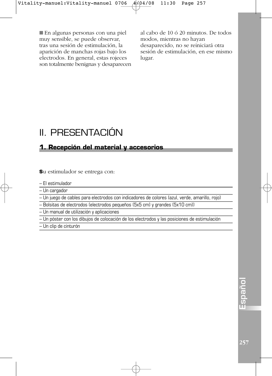 Ii. presentación, Español | Compex Vitality User Manual | Page 257 / 308