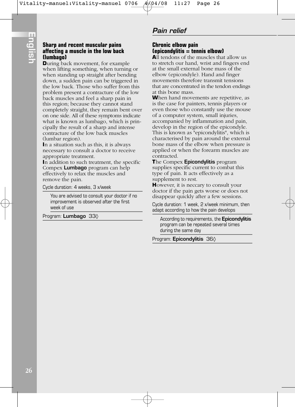English, Pain relief | Compex Vitality User Manual | Page 26 / 308
