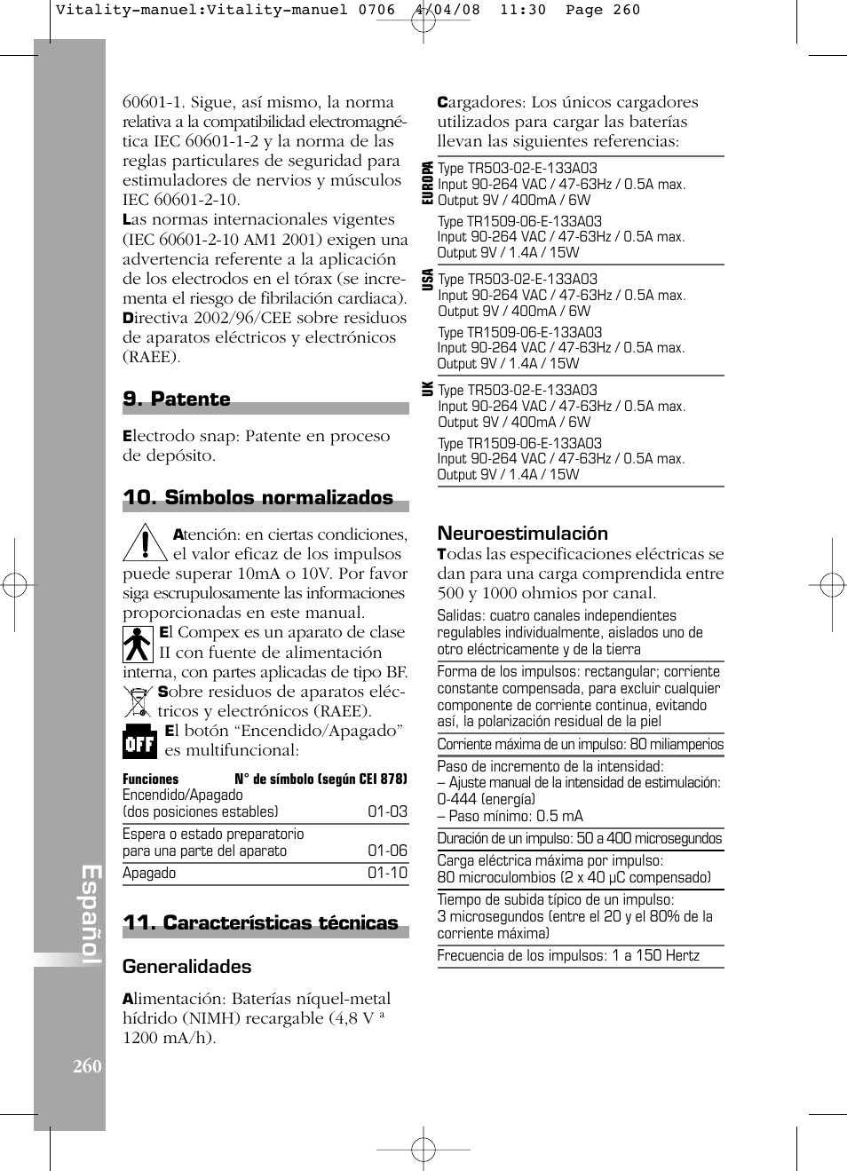 Español, Patente, Símbolos normalizados | Características técnicas | Compex Vitality User Manual | Page 260 / 308