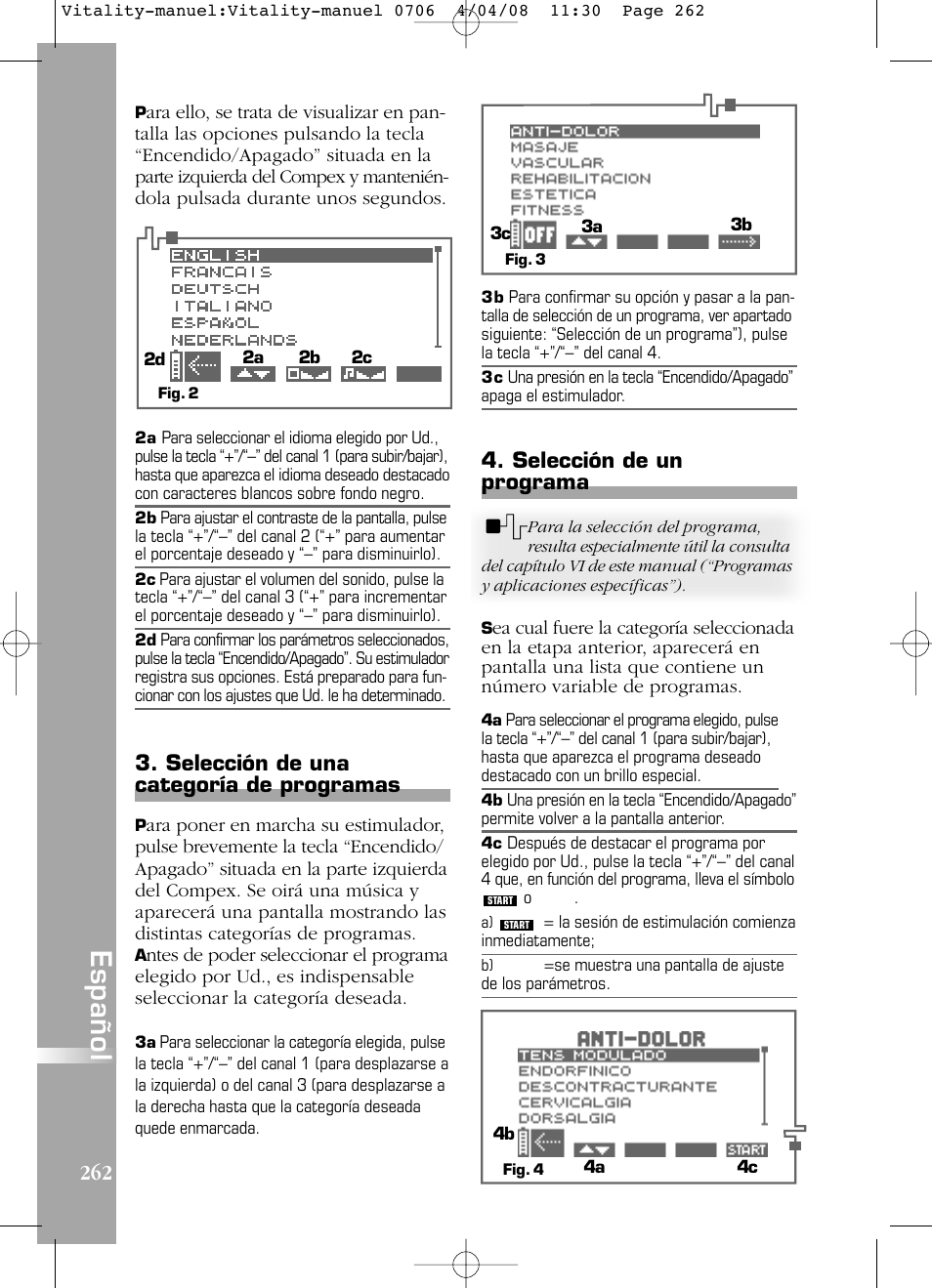 Español, Selección de un programa, Selección de una categoría de programas | Compex Vitality User Manual | Page 262 / 308