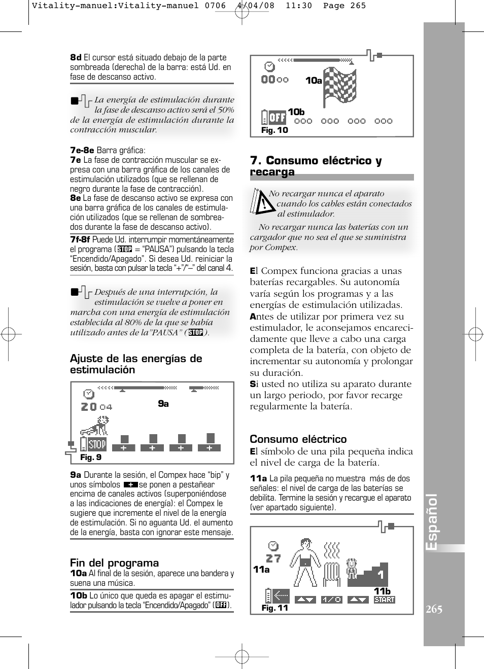 Español, Consumo eléctrico y recarga, Ajuste de las energías de estimulación | Fin del programa, Consumo eléctrico | Compex Vitality User Manual | Page 265 / 308