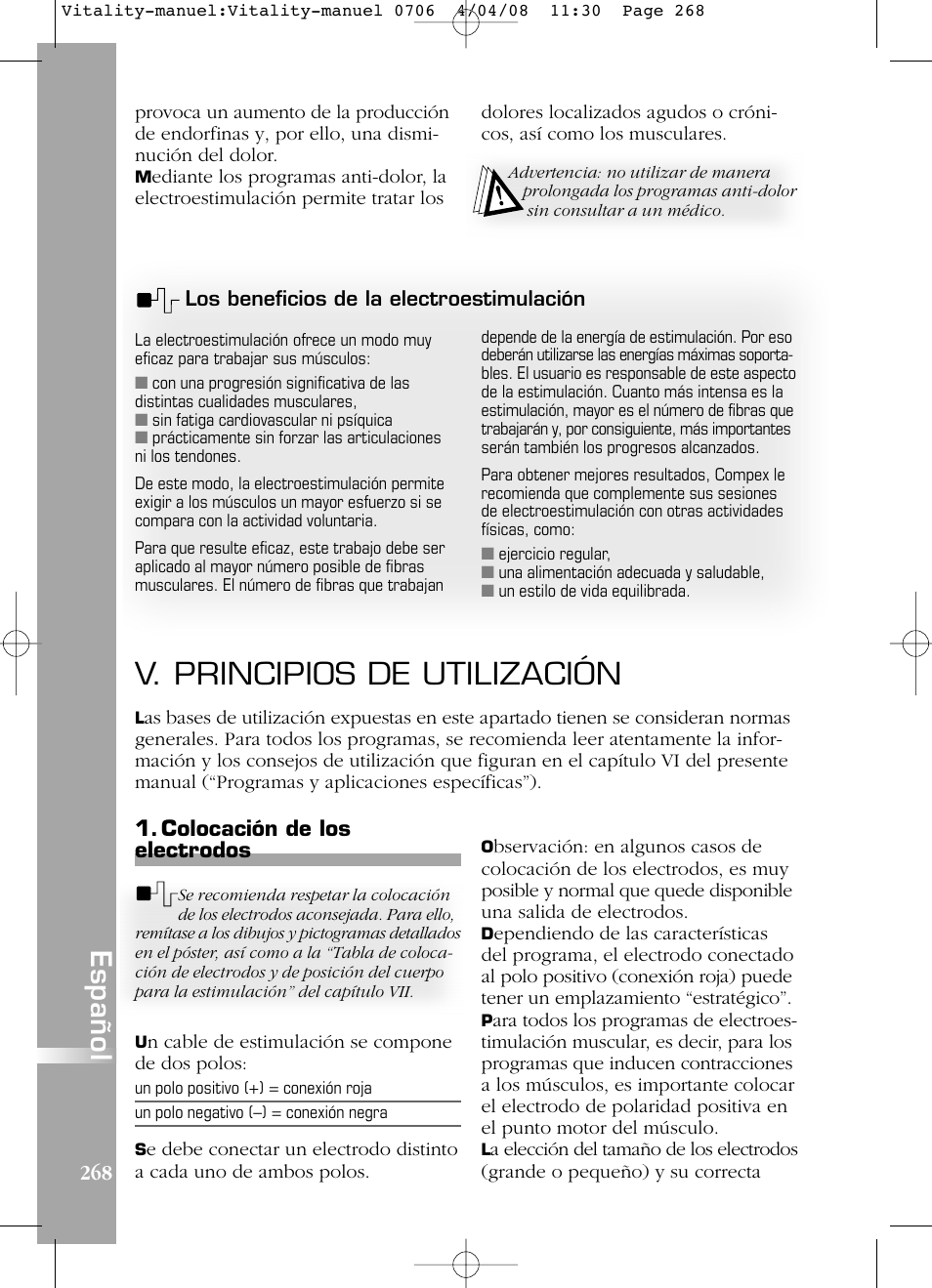 V. principios de utilización, Español, Colocación de los electrodos | Compex Vitality User Manual | Page 268 / 308