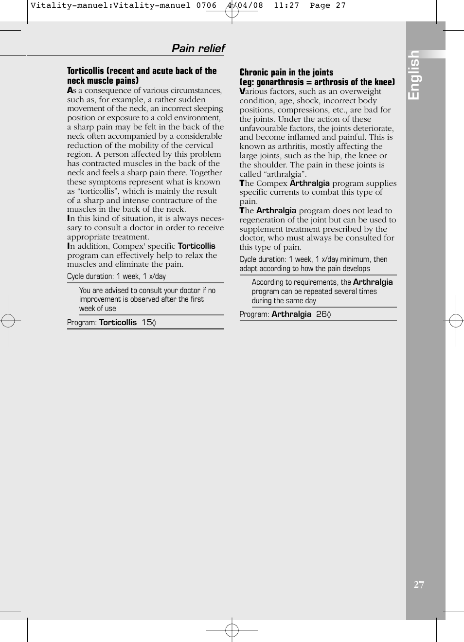 English, Pain relief | Compex Vitality User Manual | Page 27 / 308