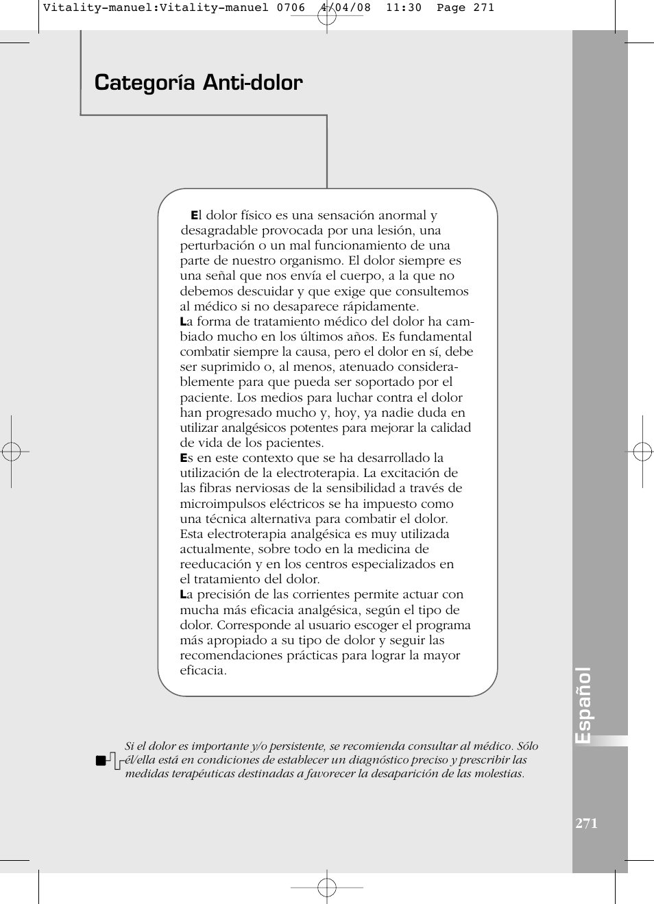 Categoría anti-dolor, Español | Compex Vitality User Manual | Page 271 / 308