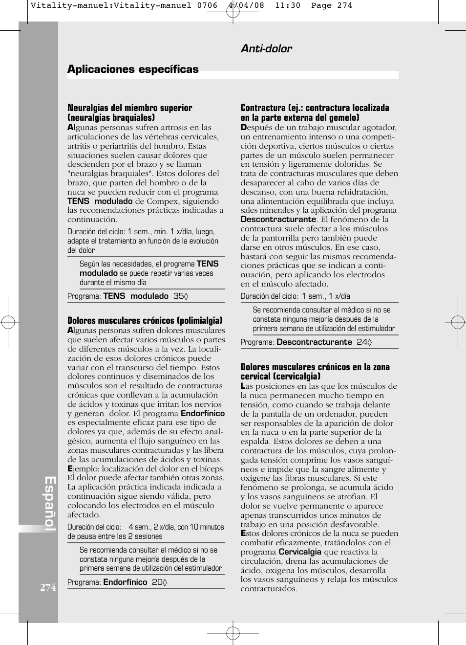Español, Aplicaciones específicas, Anti-dolor | Compex Vitality User Manual | Page 274 / 308