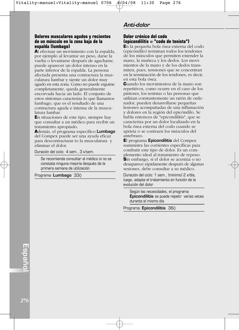 Español, Anti-dolor | Compex Vitality User Manual | Page 276 / 308