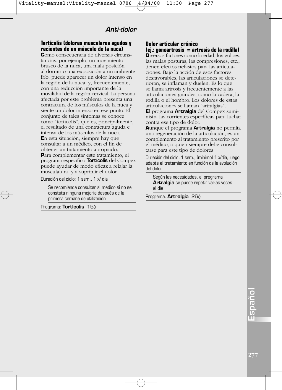 Español, Anti-dolor | Compex Vitality User Manual | Page 277 / 308