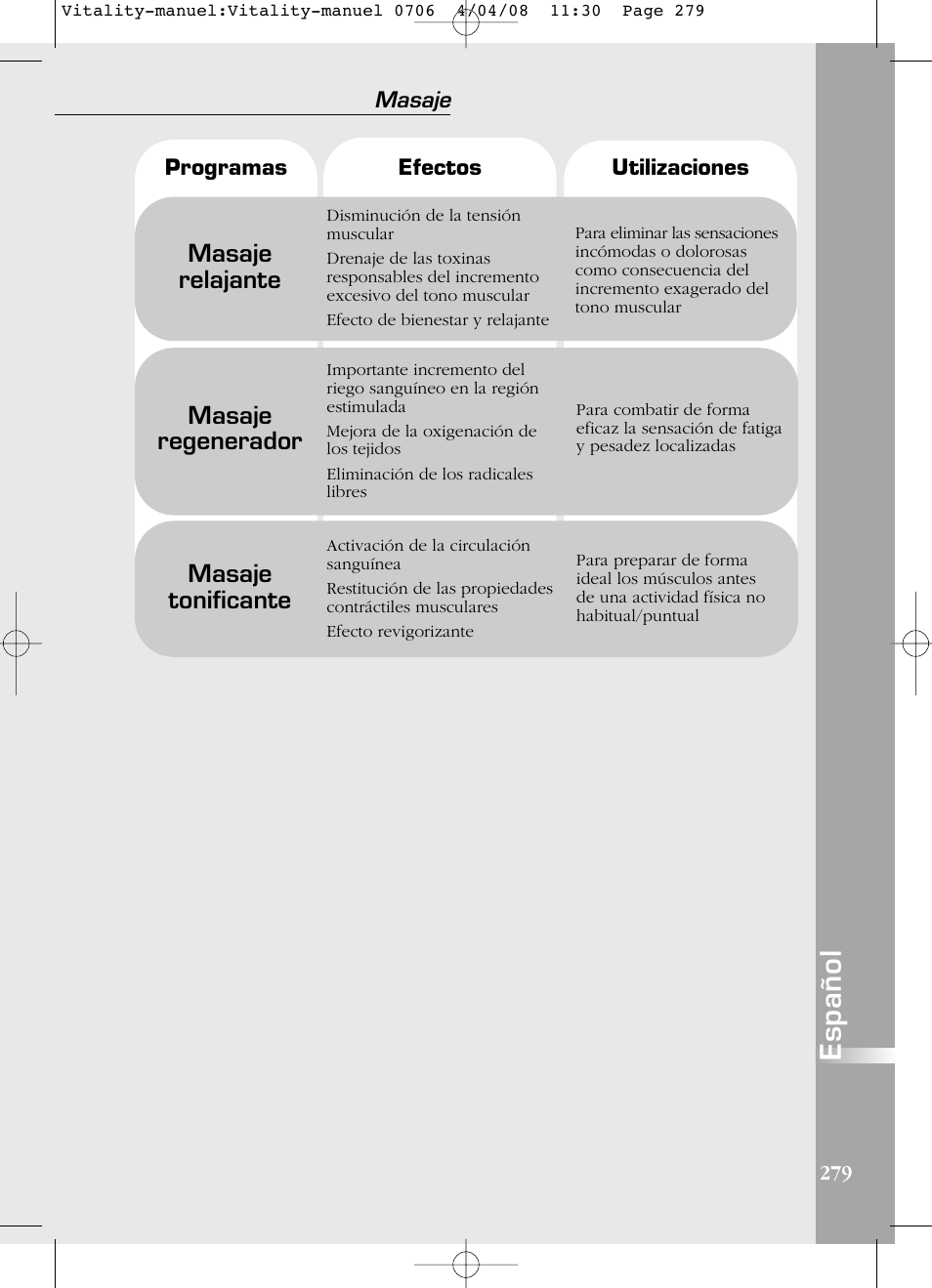 Español, Masaje relajante, Masaje regenerador | Masaje tonificante | Compex Vitality User Manual | Page 279 / 308