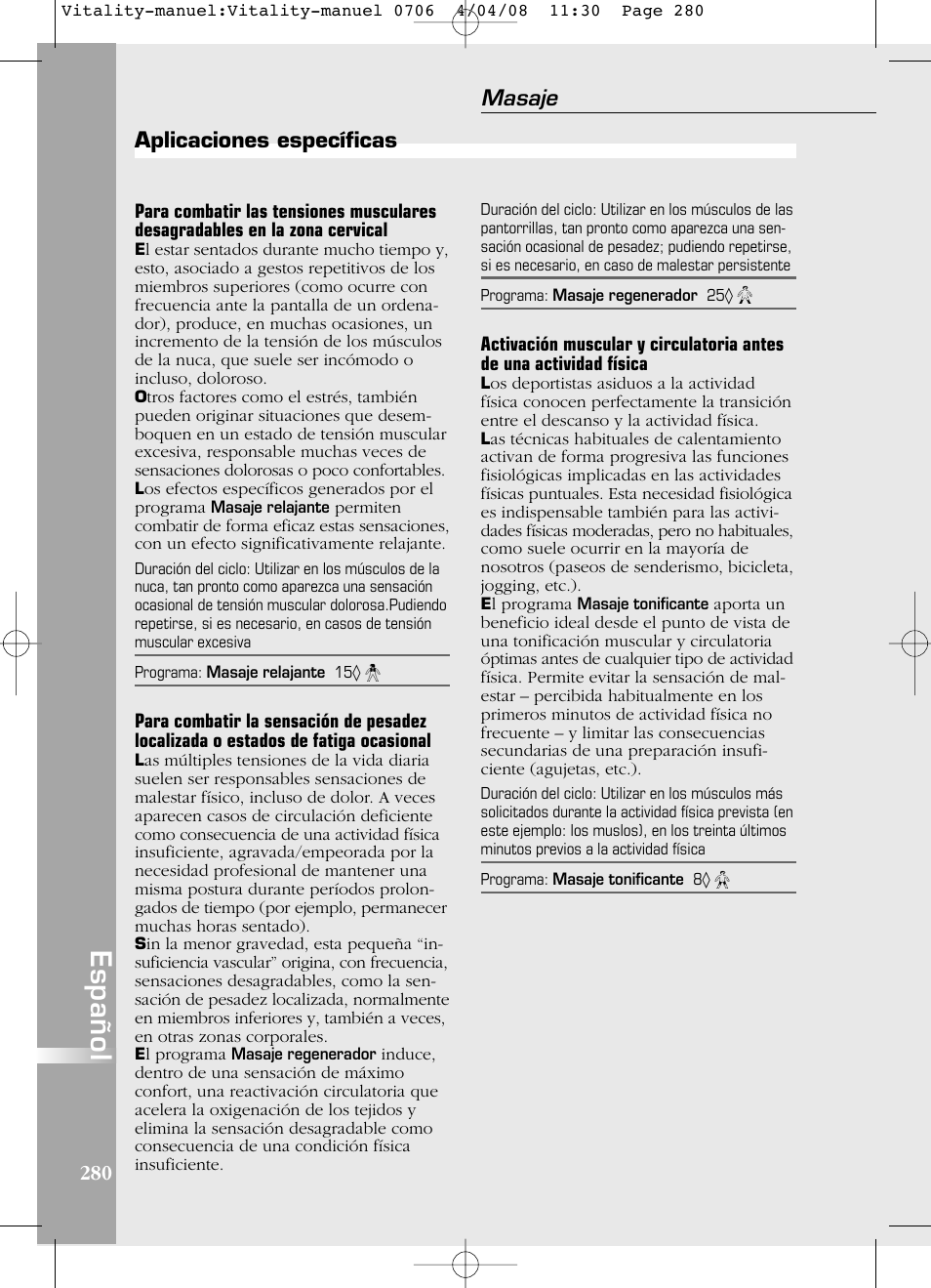 Español, Masaje, Aplicaciones específicas | Compex Vitality User Manual | Page 280 / 308