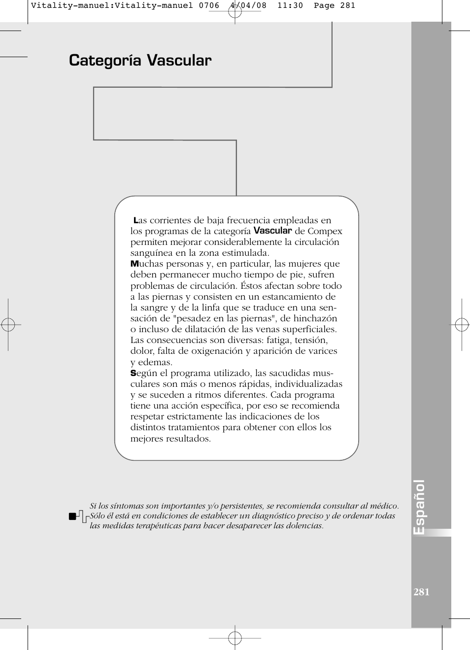 Categoría vascular, Español | Compex Vitality User Manual | Page 281 / 308