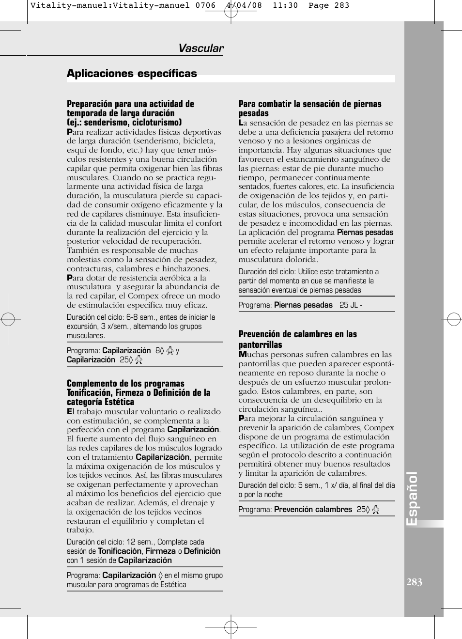 Español, Aplicaciones específicas vascular | Compex Vitality User Manual | Page 283 / 308