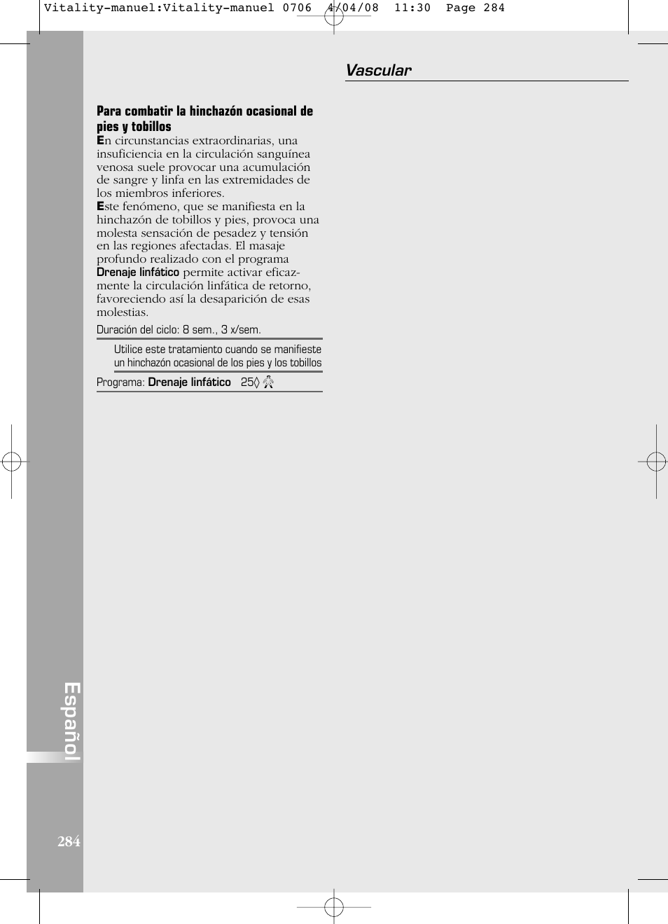 Español, Vascular | Compex Vitality User Manual | Page 284 / 308
