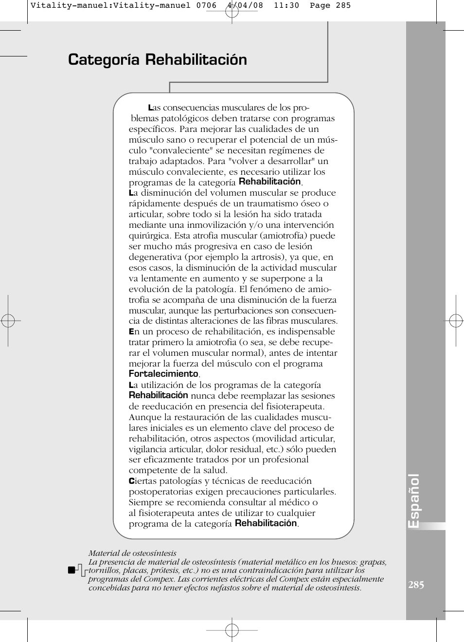 Categoría rehabilitación, Español | Compex Vitality User Manual | Page 285 / 308