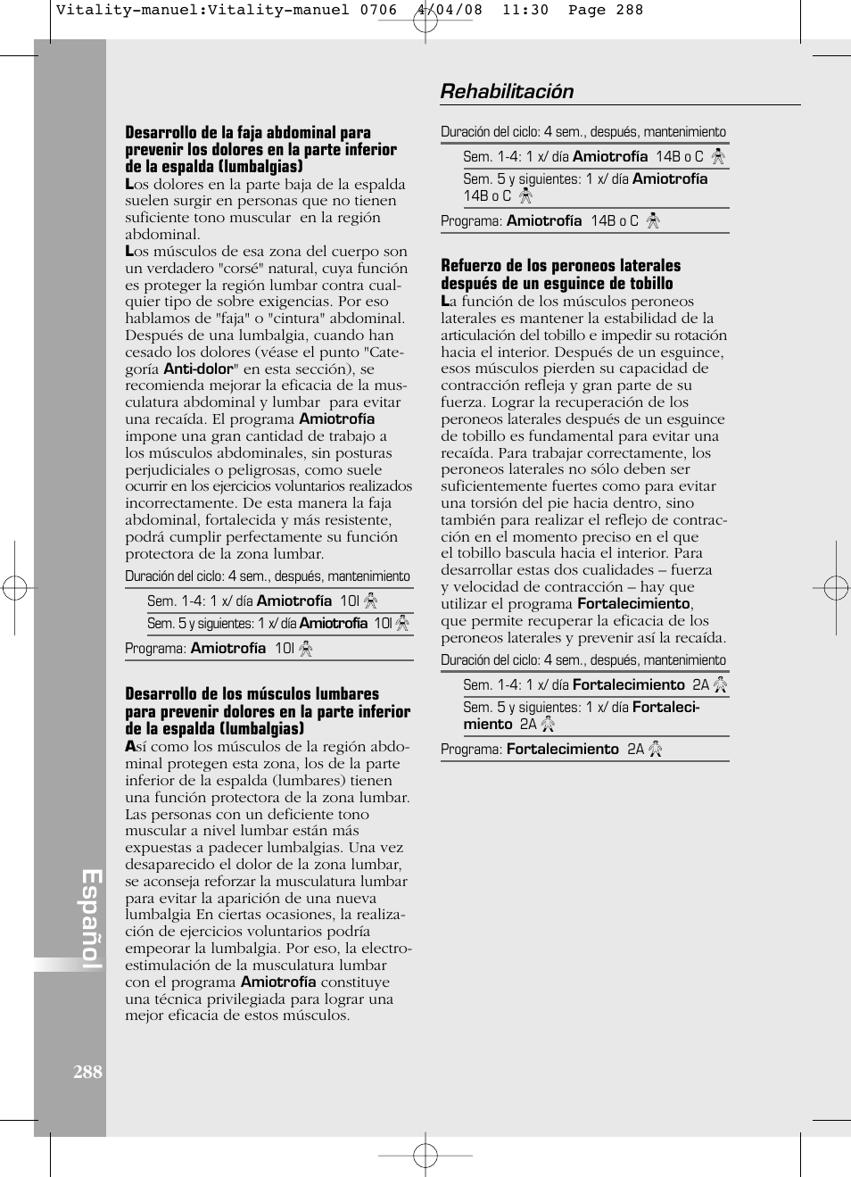 Español, Rehabilitación | Compex Vitality User Manual | Page 288 / 308