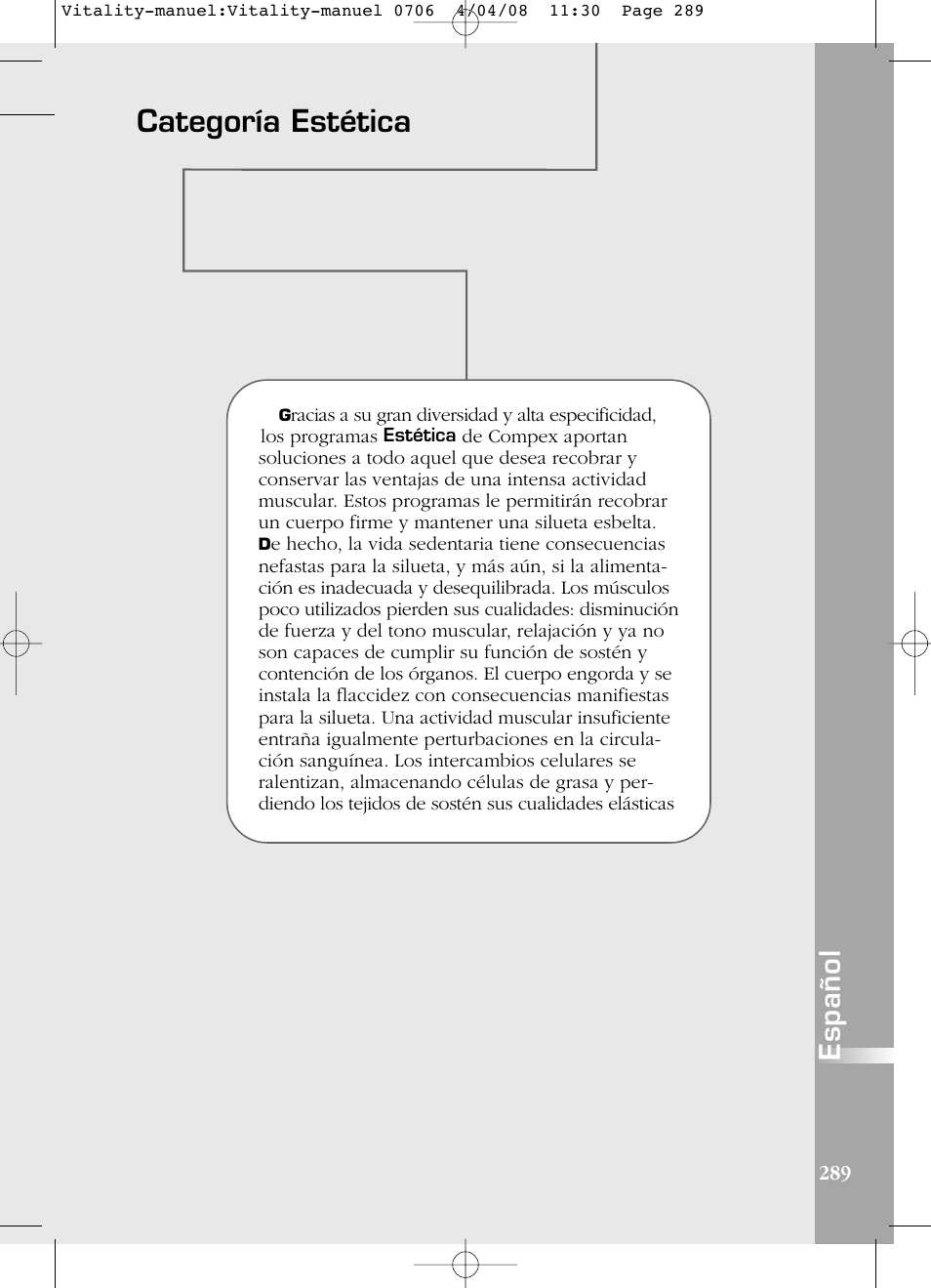 Categoría estética, Español | Compex Vitality User Manual | Page 289 / 308