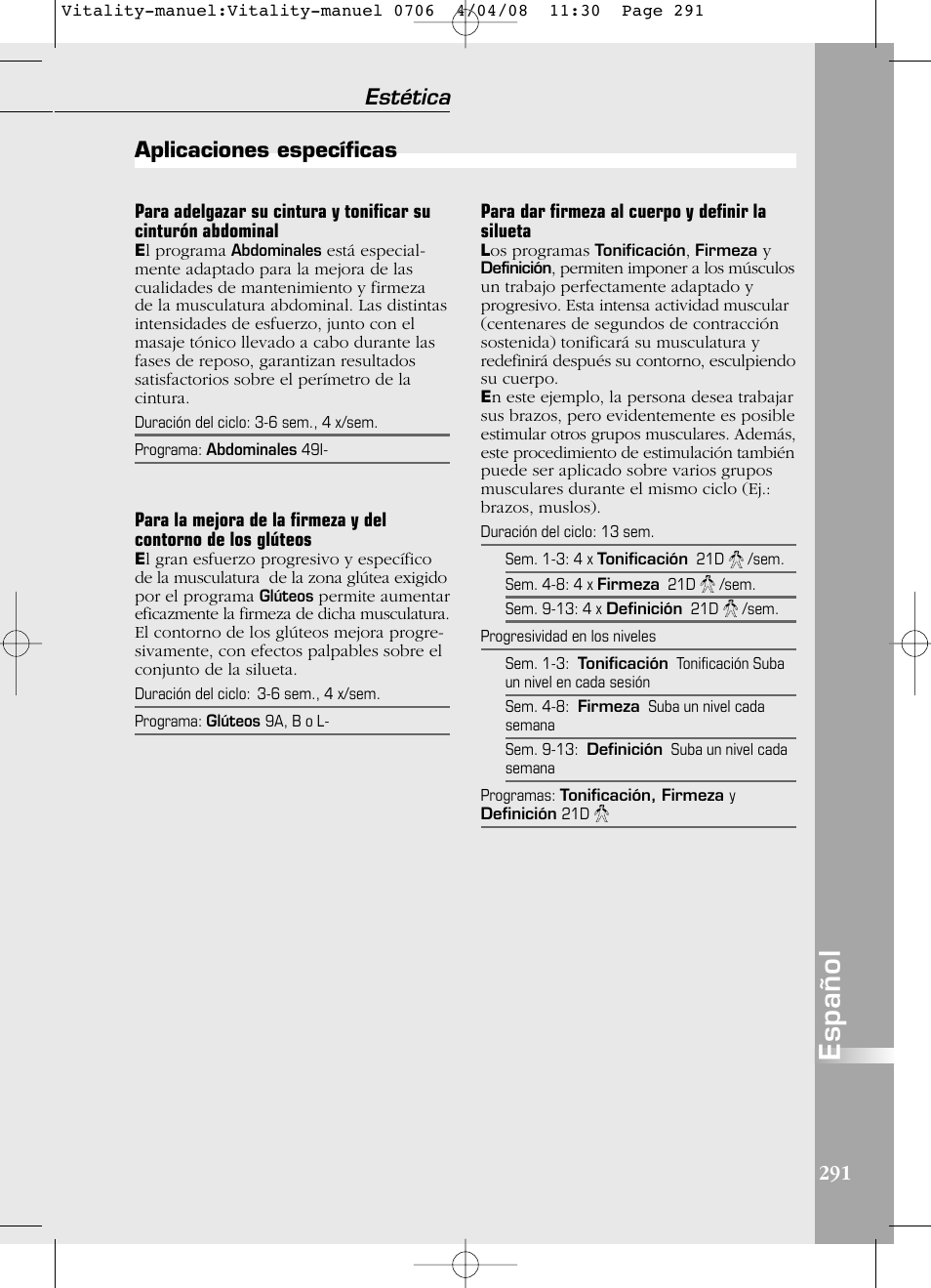 Español, Estética, Aplicaciones específicas | Compex Vitality User Manual | Page 291 / 308